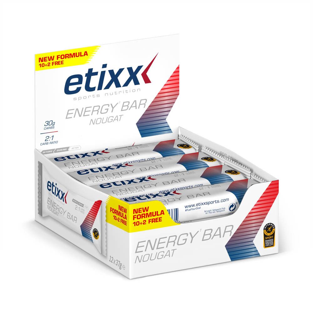 Boîte Etixx Energy Bar Nougat avec emballage ouvert. Barres blanches avec graphiques rouges et bleus. Inscription : Energy Bar, Nougat, Etixx. 12x37g.