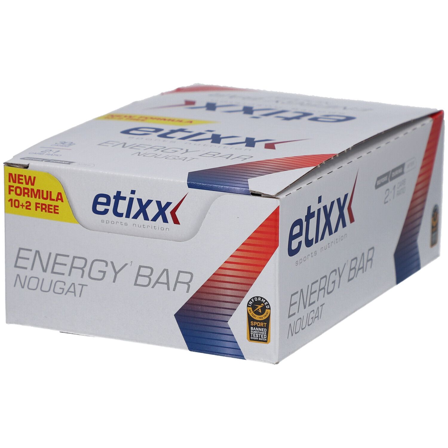 Boîte Etixx Energy Bar Nougat. Blanc avec graphiques rouges et bleus. Inscription : Energy Bar, Nougat, Etixx. Certification sportive.