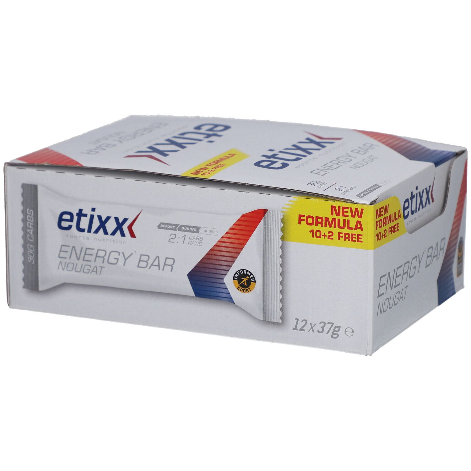 Boîte Etixx Energy Bar Nougat avec 12 barres. Blanc avec graphiques rouges et bleus. Inscription : Energy Bar, Nougat, Etixx. 12x37g.