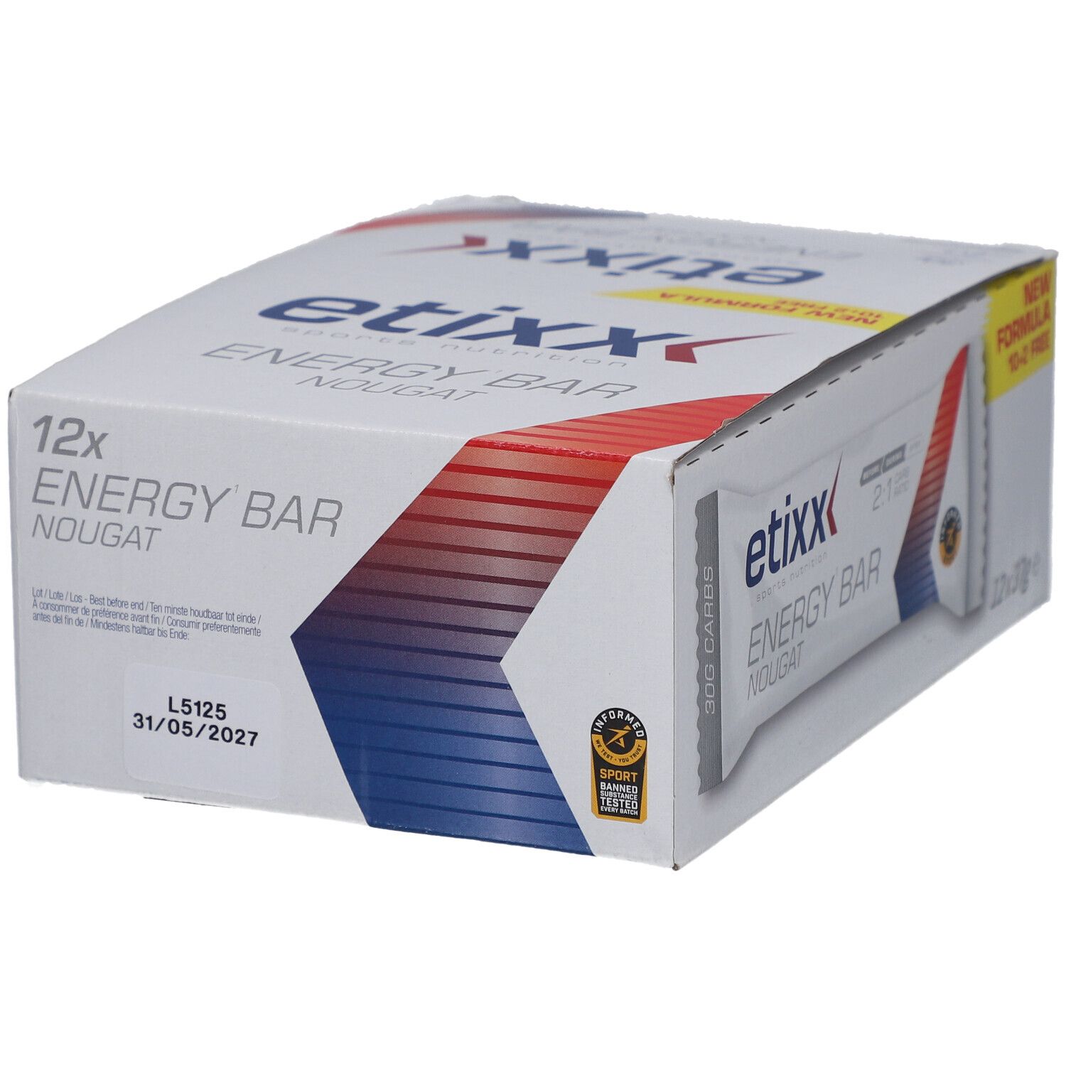 Boîte Etixx Energy Bar Nougat avec 12 barres. Blanc avec graphiques rouges et bleus. Inscription : Energy Bar, Nougat, Etixx. 12x37g. Date de péremption.