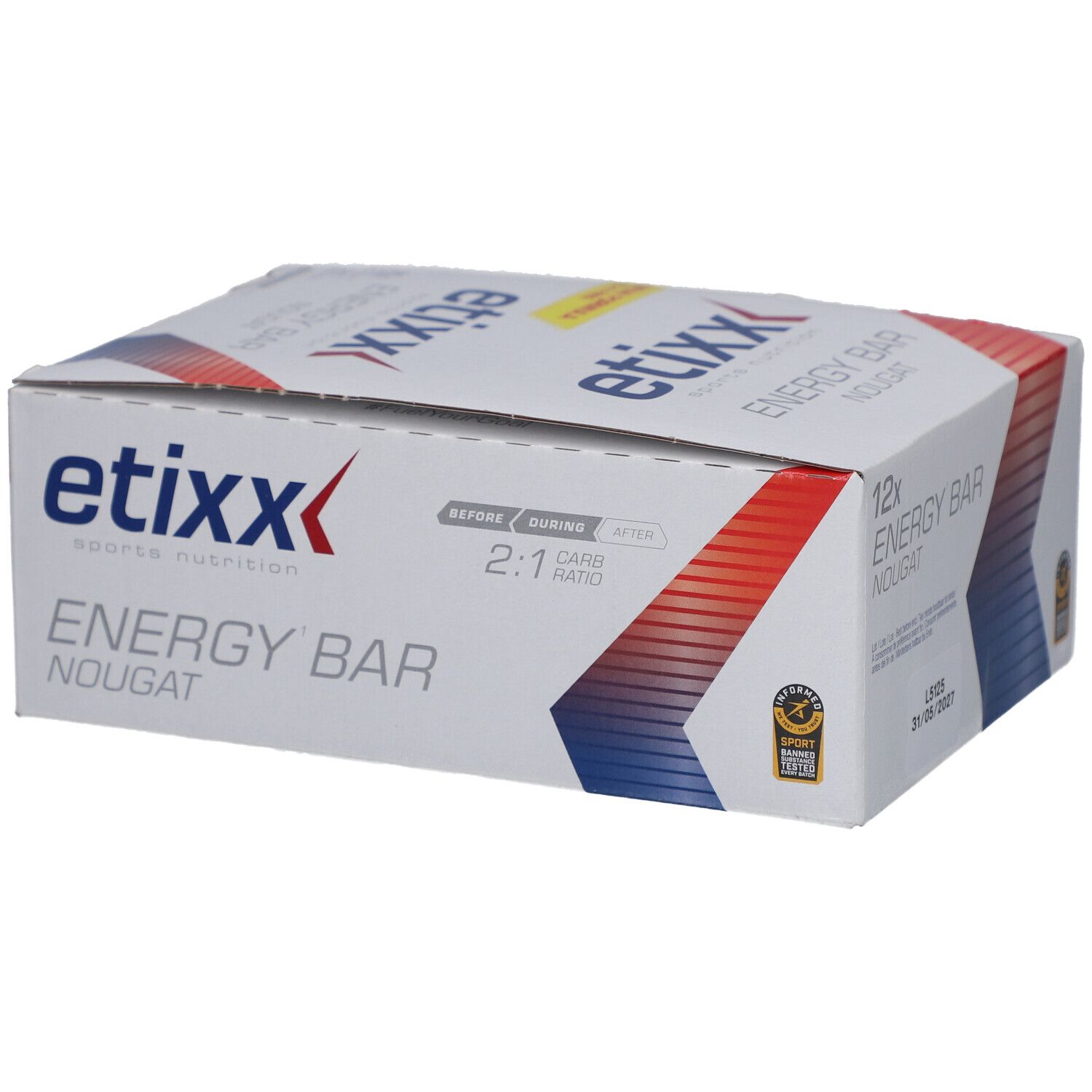 Boîte Etixx Energy Bar Nougat. Blanc avec graphiques rouges et bleus. Inscription : Energy Bar, Nougat, Etixx. 2:1 Carb Ratio. Certification sportive.
