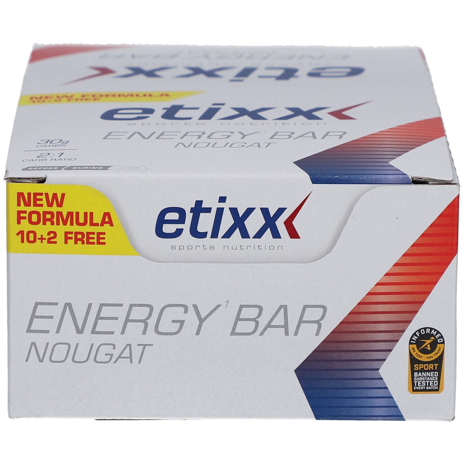 Boîte Etixx Energy Bar Nougat. Blanc avec graphiques rouges et bleus. Inscription : Energy Bar, Nougat, Etixx. Nouvelle formule. 10+2 gratuits. Certification sportive.