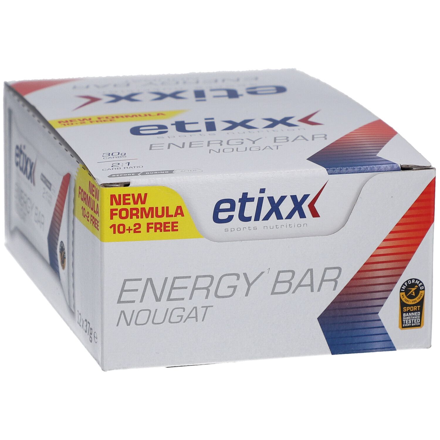 Boîte Etixx Energy Bar Nougat. Blanc avec graphiques rouges et bleus. Inscription : Energy Bar, Nougat, Etixx. Nouvelle formule. 10+2 gratuits. 12x37g.