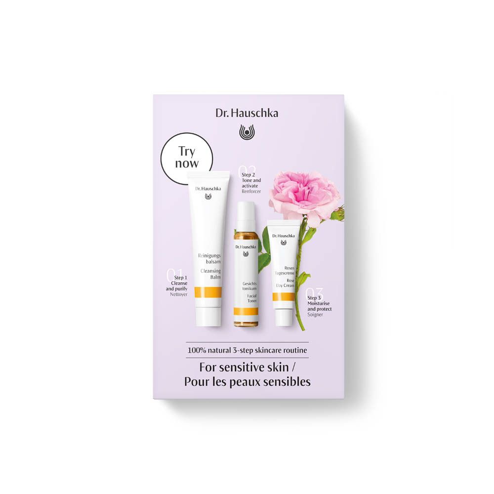 Kit Dr. Hauschka pour peaux sèches et sensibles. Contient baume nettoyant, tonique et crème de jour à la rose. Avec rose.
