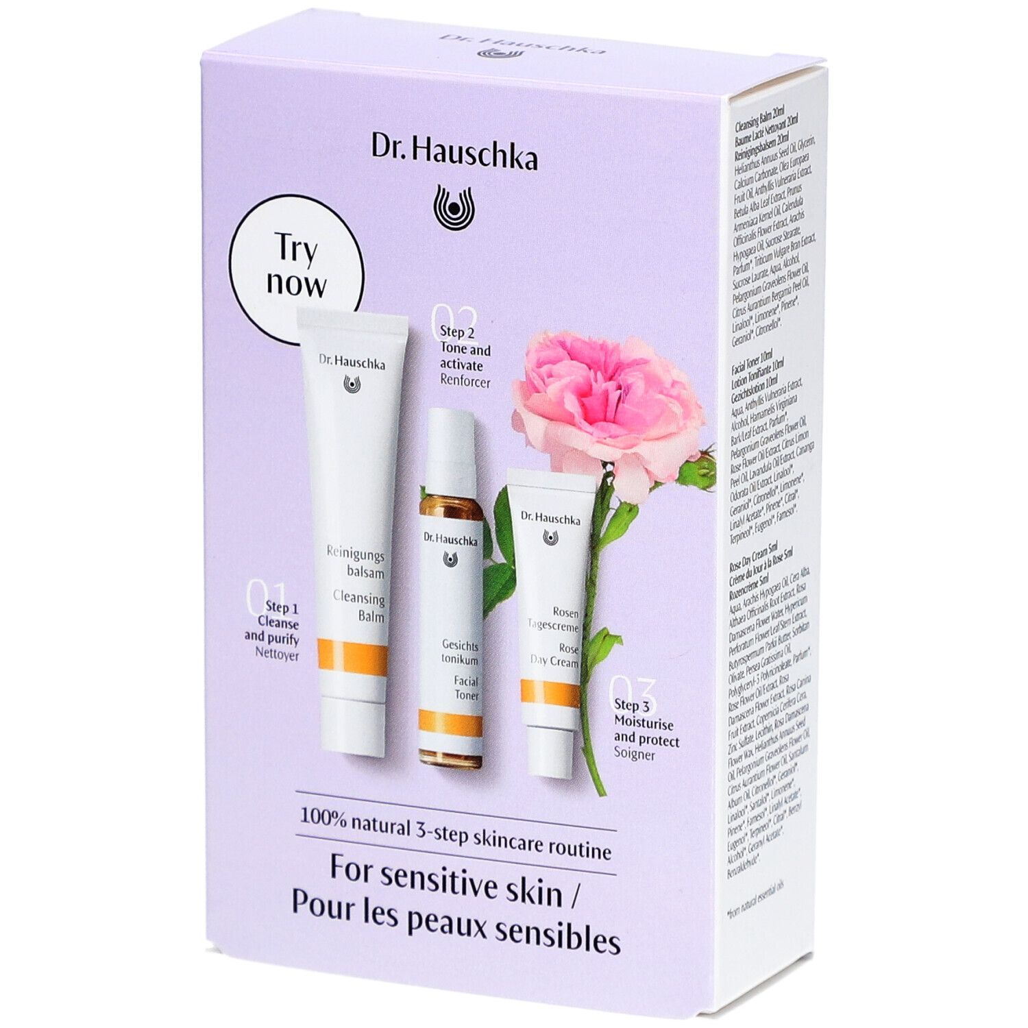 Kit Dr. Hauschka. Ensemble 3 pièces pour peaux sèches et sensibles. Contient baume nettoyant, tonique et crème de jour.