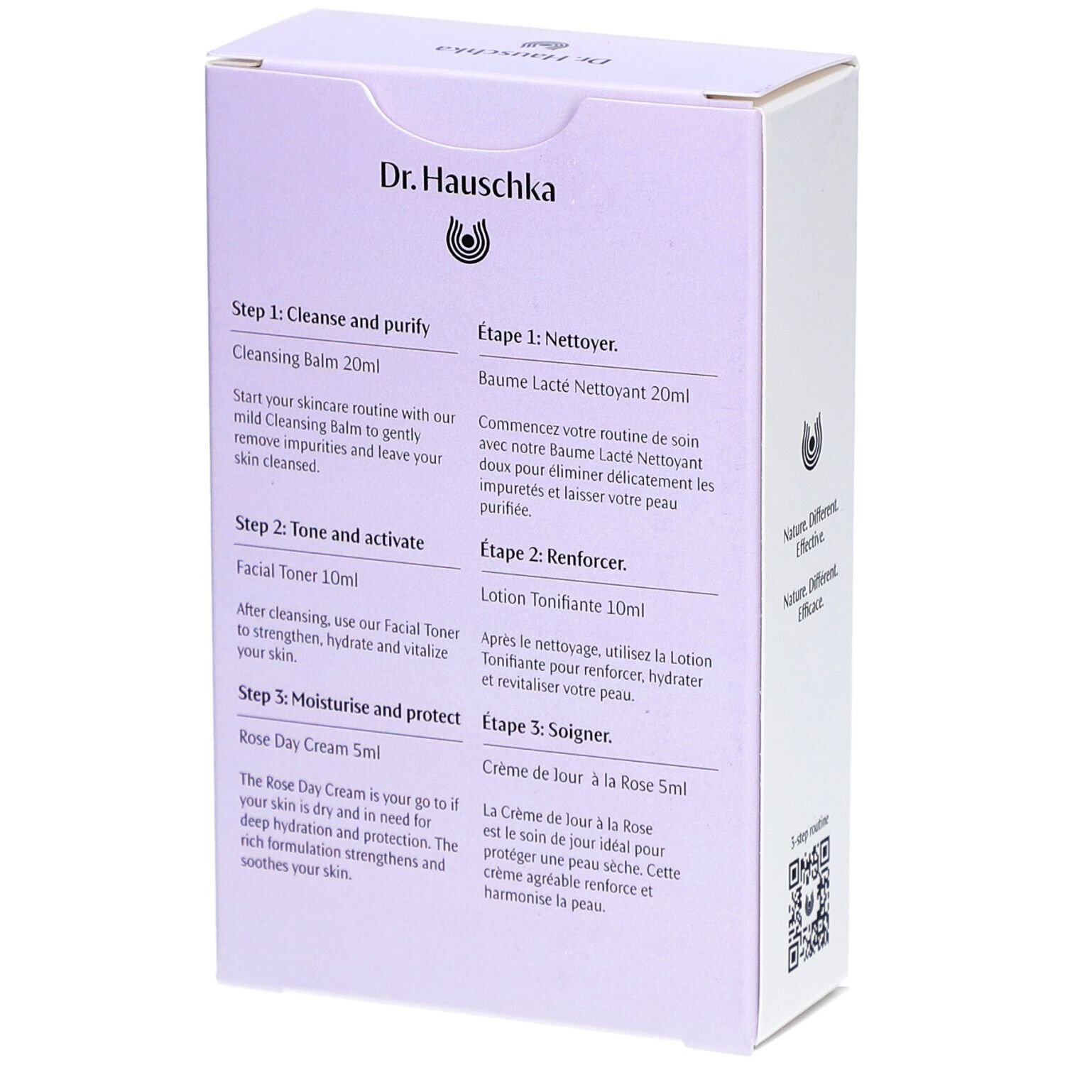 Dos du kit Dr. Hauschka. Texte en allemand et français. Décrit la routine en 3 étapes pour peaux sèches et sensibles.