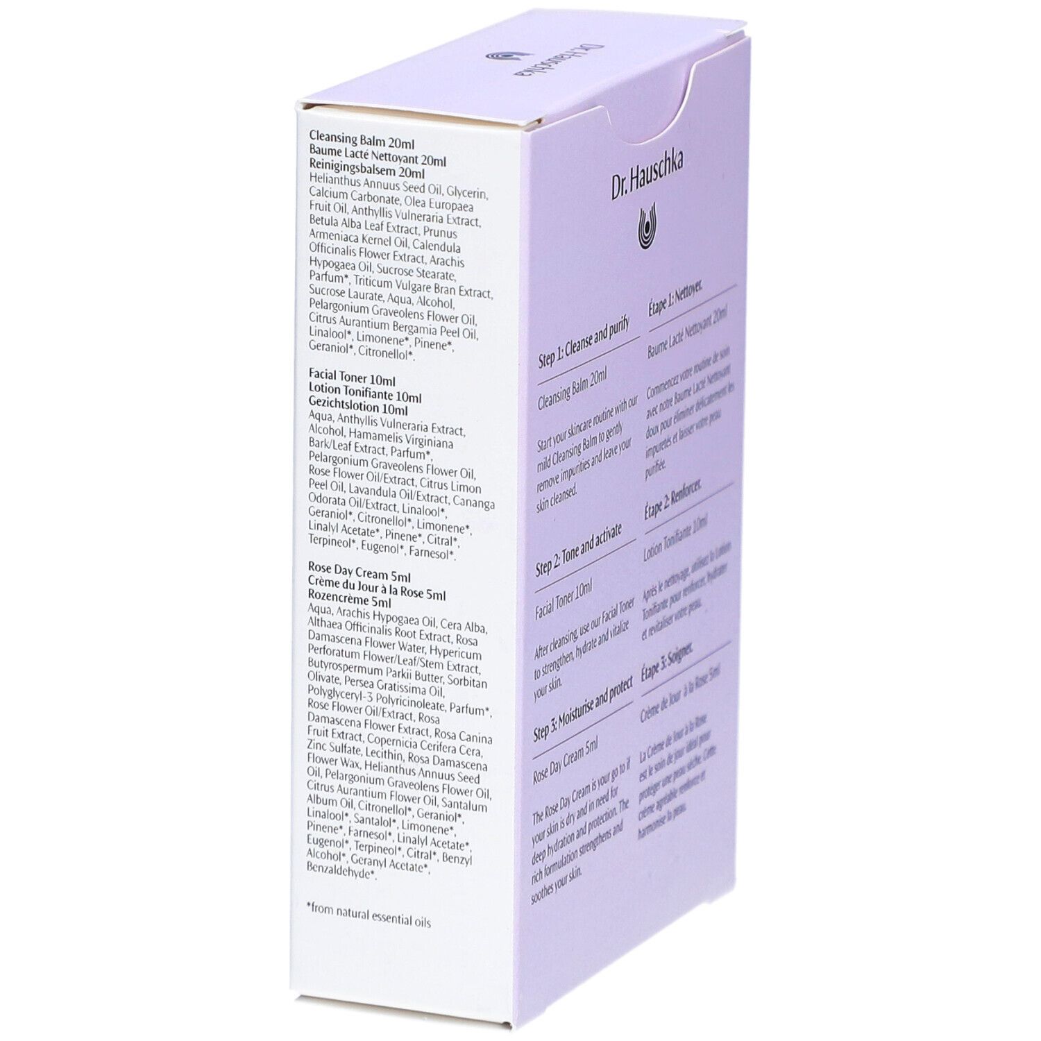 Côté du kit Dr. Hauschka. Ingrédients des produits pour peaux sèches et sensibles. Texte en allemand et français.