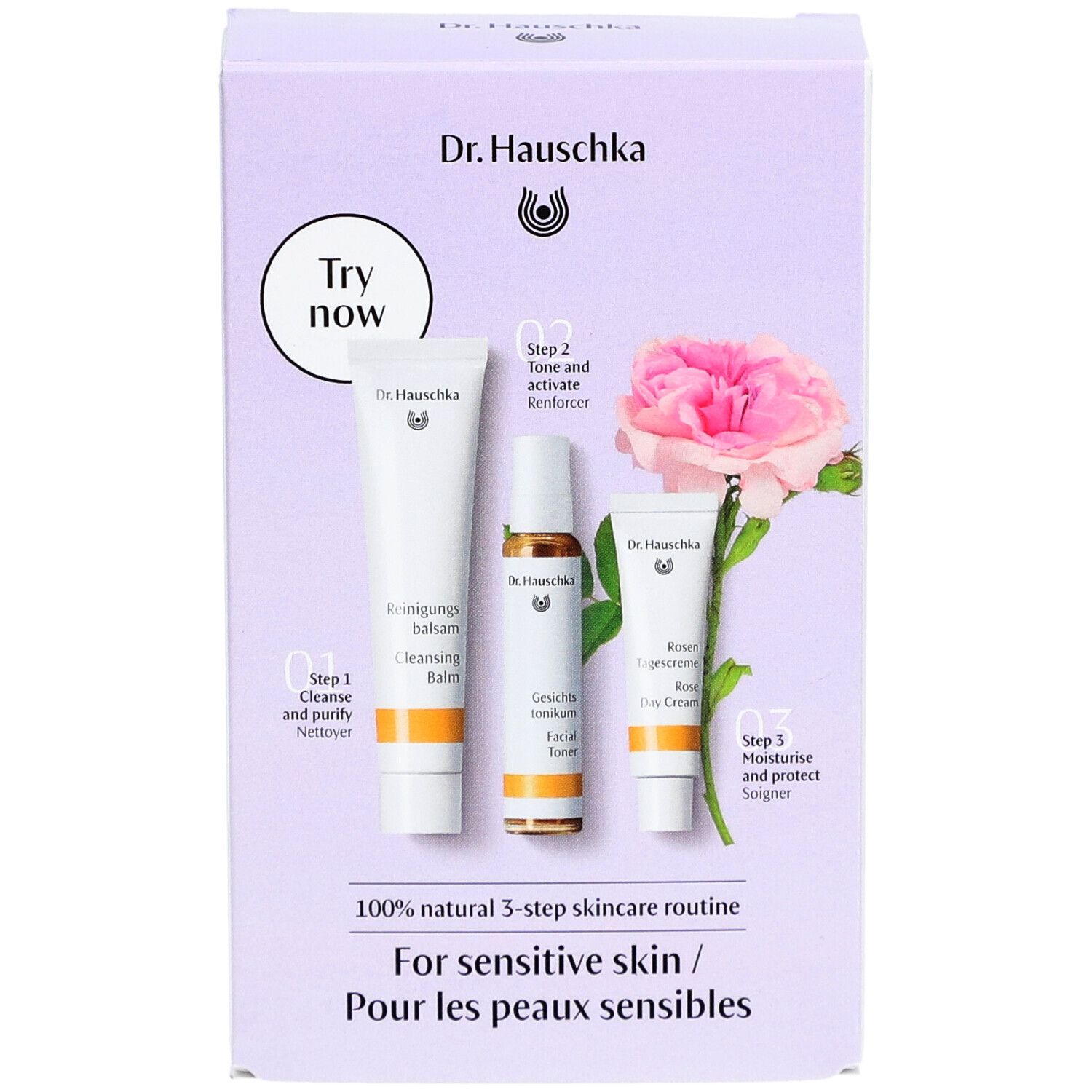 Kit Dr. Hauschka pour peaux sèches et sensibles. Contient baume nettoyant, tonique et crème de jour à la rose. Avec rose.