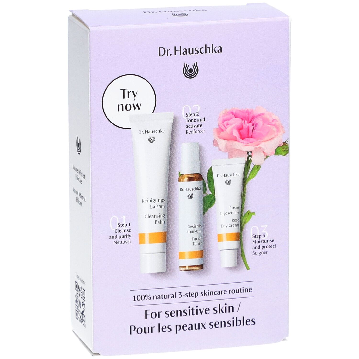 Kit Dr. Hauschka pour peaux sèches et sensibles. Contient baume nettoyant, tonique et crème de jour à la rose. Avec rose.