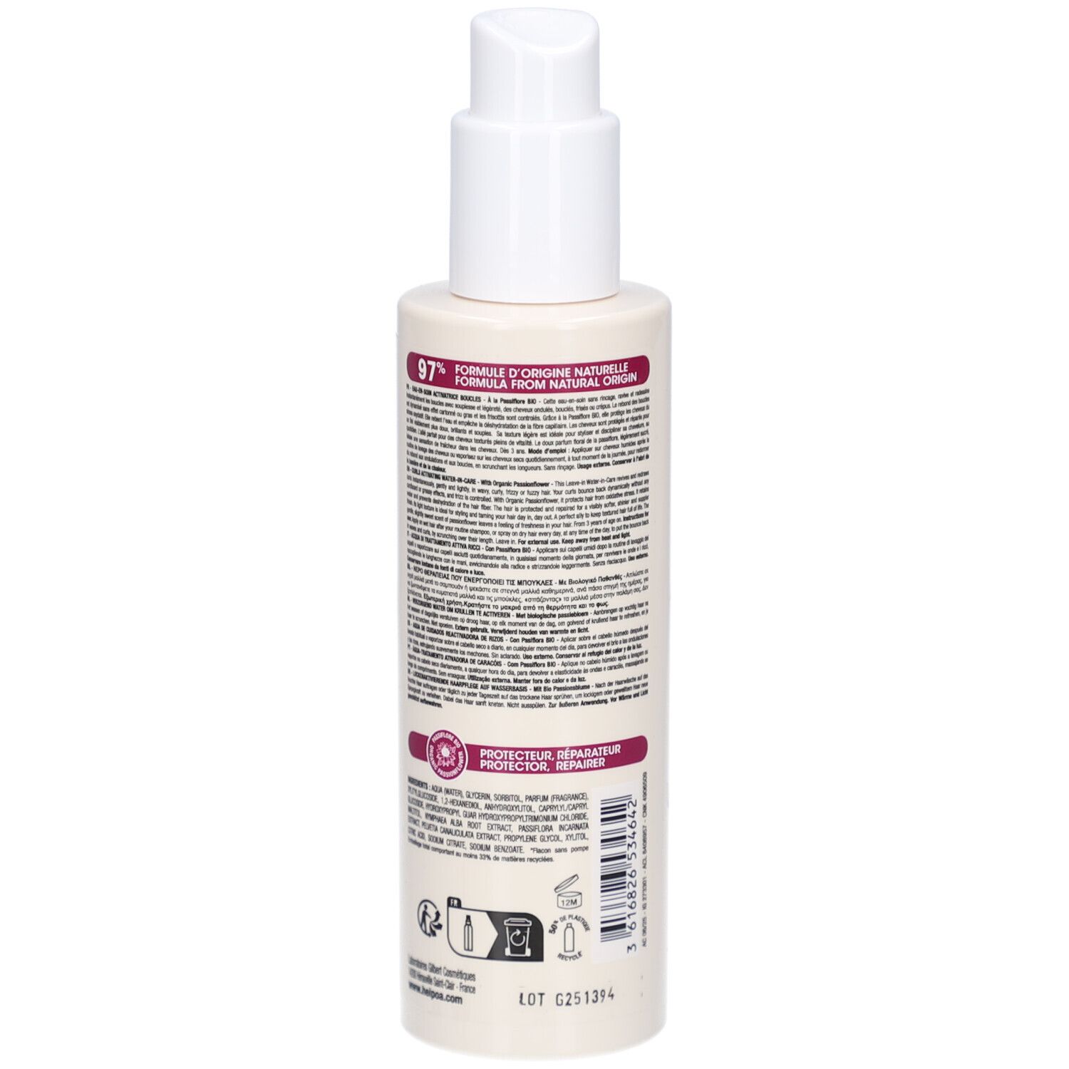 Flasche mit Pumpspender, 97% natürliche Formel, Schutz- und Reparaturprodukt.
