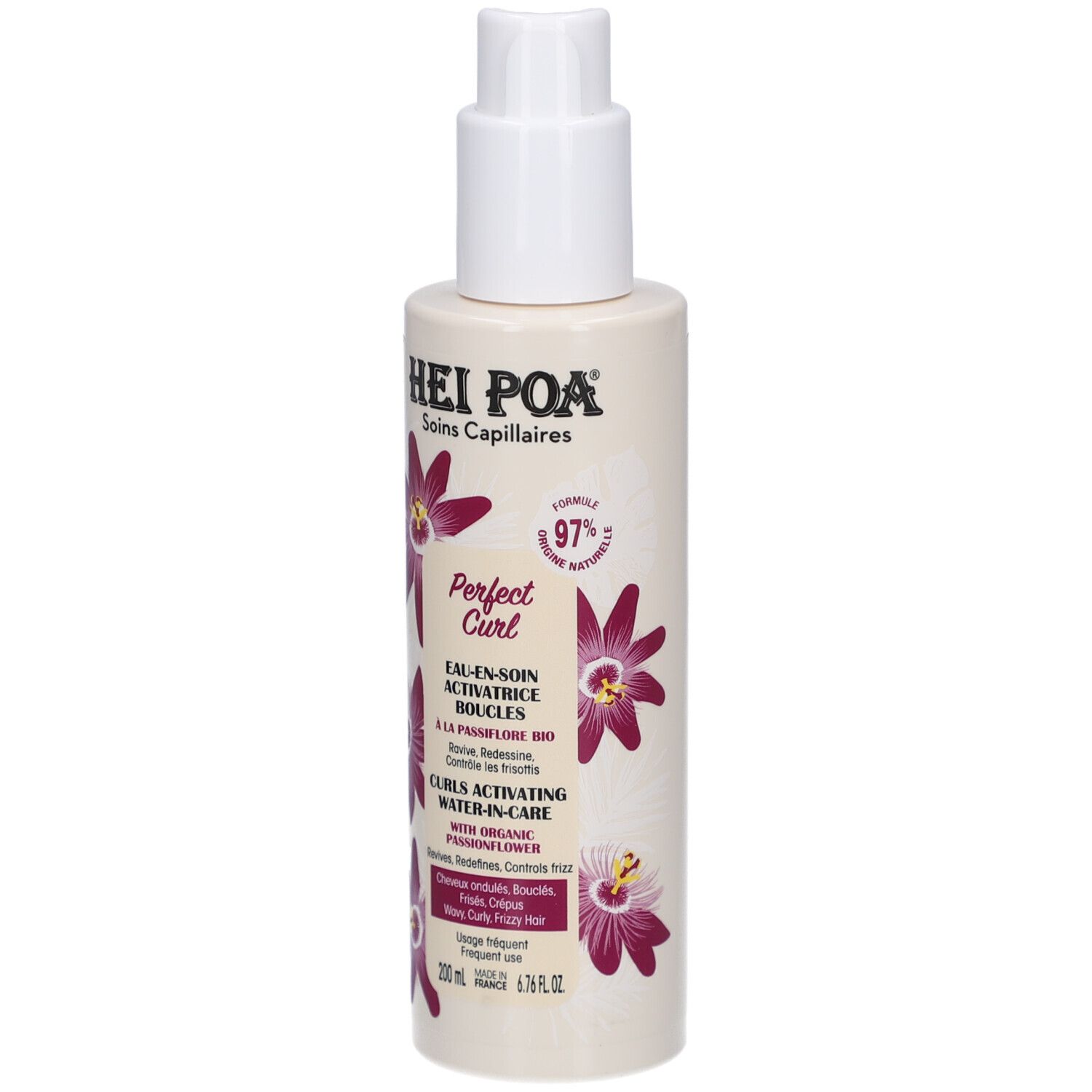 Flasche mit Pumpspender für Lockenaktivierungswasser. Enthält 97% natürliche Formel mit Bio-Passionsblume. 200 ml.