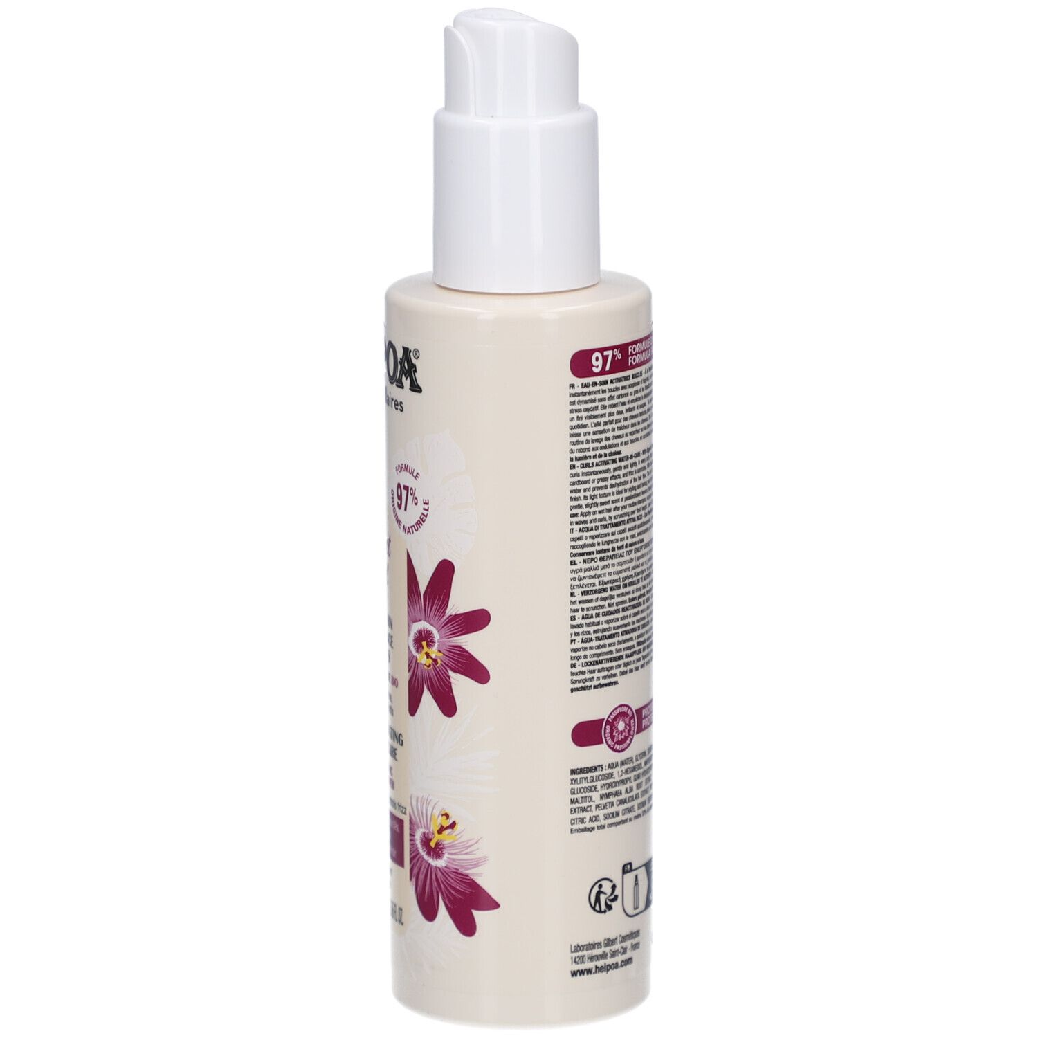 Flasche mit Pumpspender, beige, mit lila Blüten und Text.