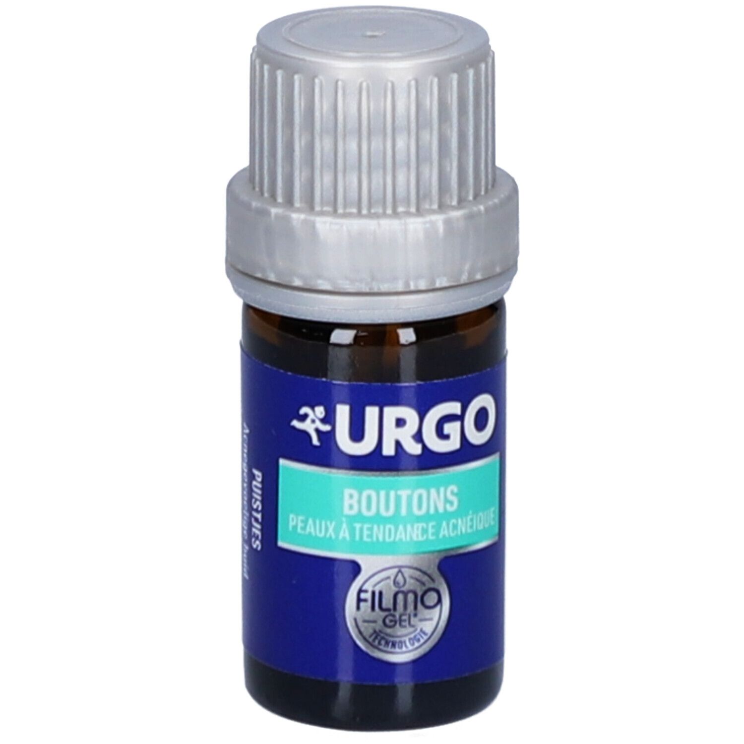 Braune Glasflasche mit silbernem Deckel. Blaues Etikett mit weißer Schrift: URGO Boutons, Filmogel.