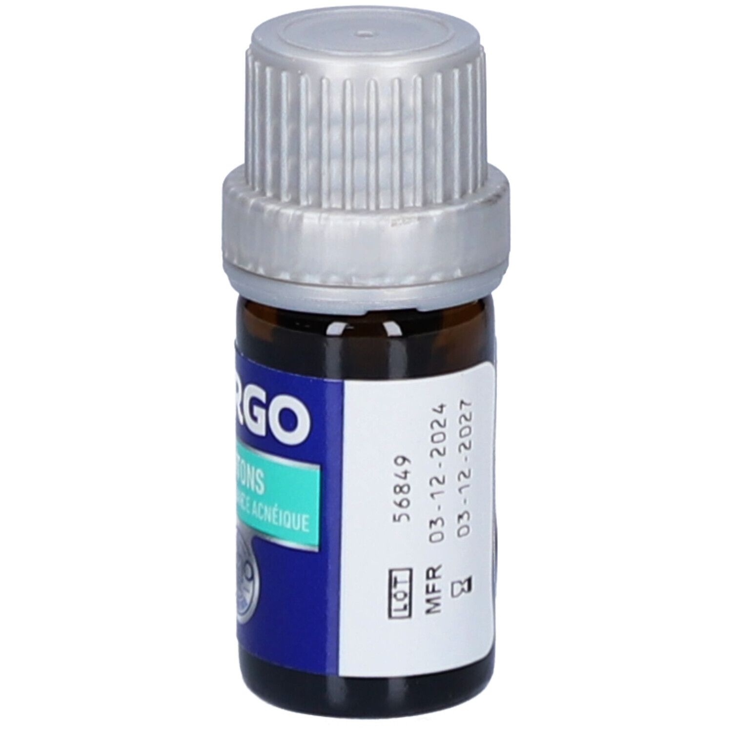 Braune Glasflasche mit silbernem Deckel. Blaues Etikett mit Text: URGO, Boutons, 3,25 ml.