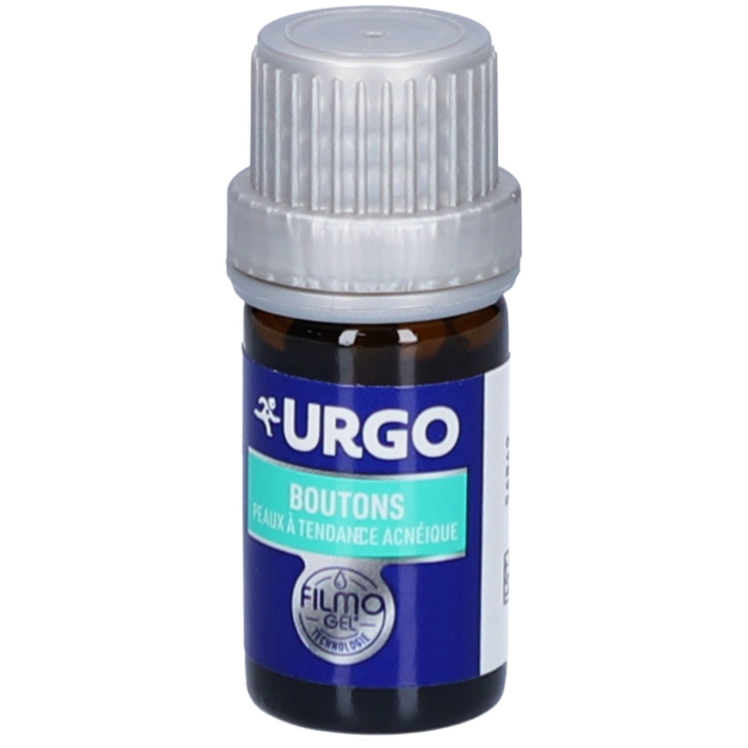 Braune Glasflasche mit silbernem Deckel. Blaues Etikett mit Text: URGO, Boutons, Filmogel.