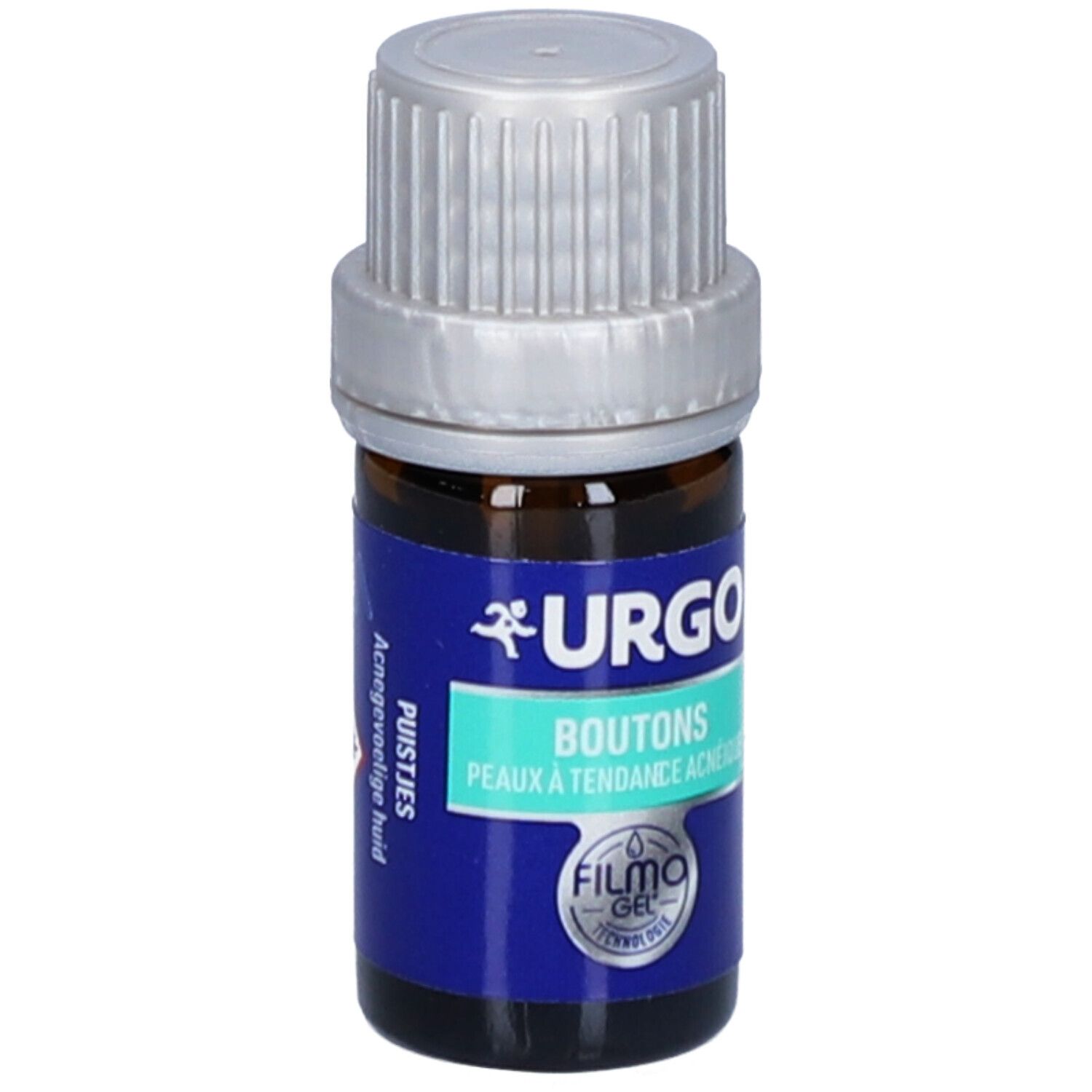 Braune Glasflasche mit silbernem Deckel. Blaues Etikett mit Text: URGO, Boutons, Filmogel, Acnégevoelige huid.