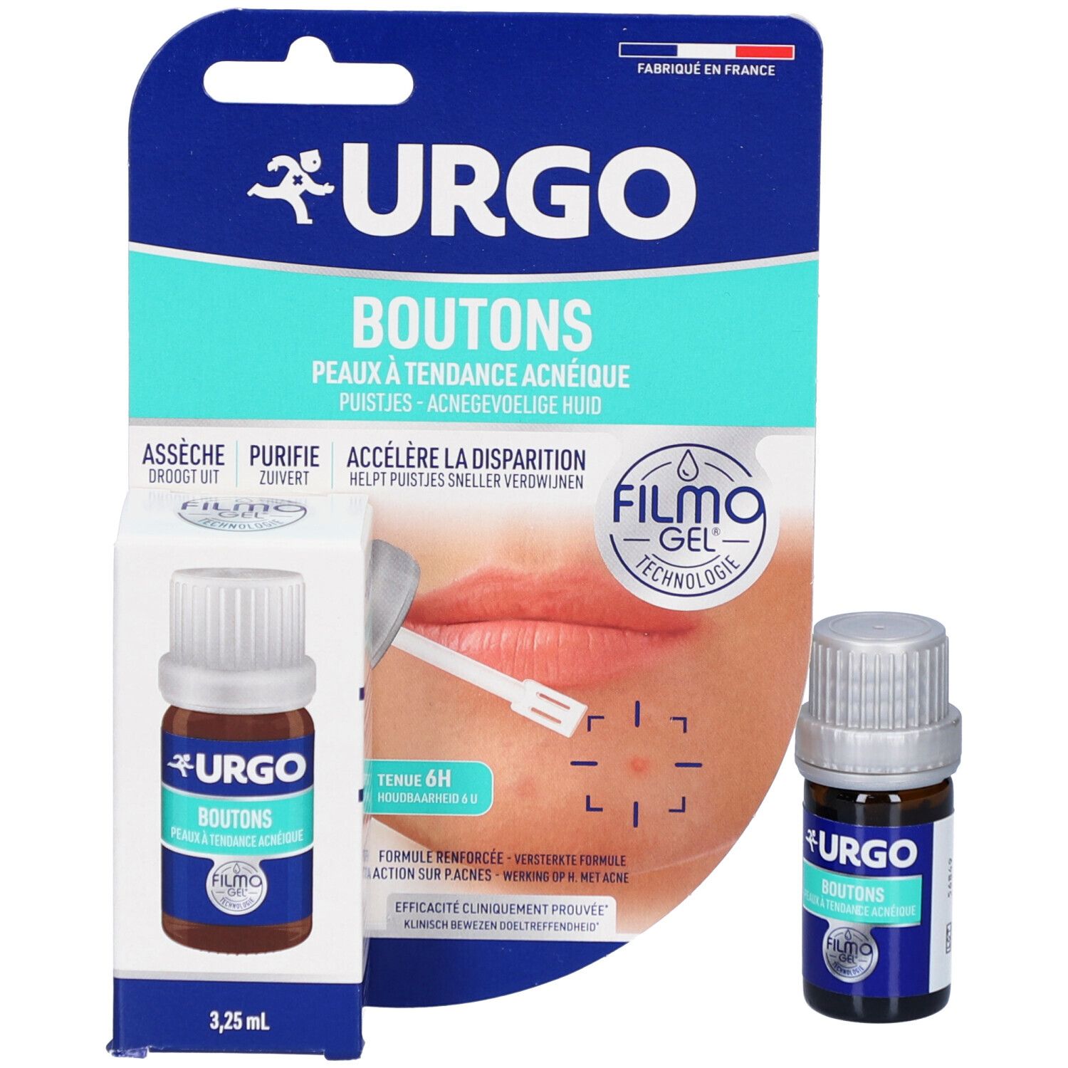 Produktverpackung mit Flasche und Applikator. Text: URGO Boutons, Filmogel, 3,25 ml.