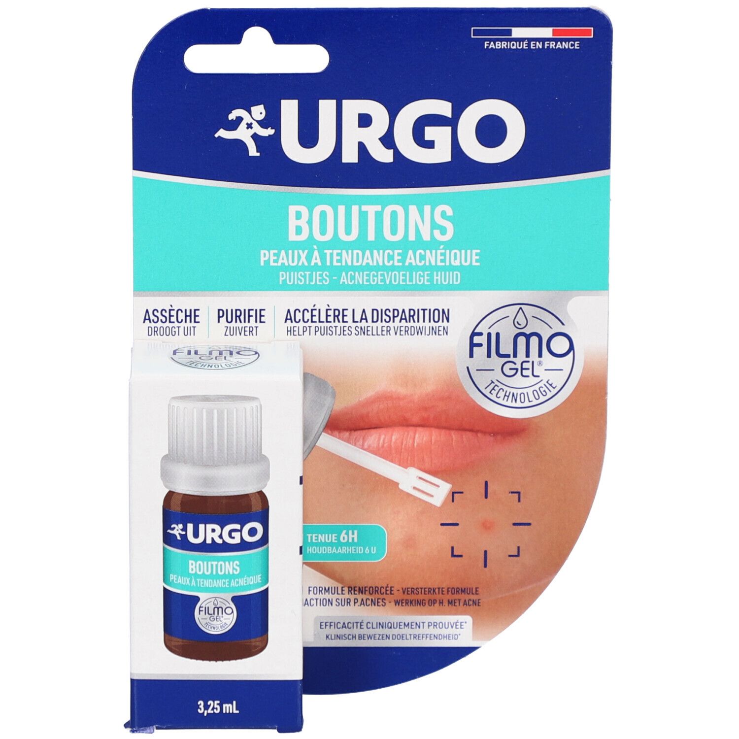 Produktverpackung mit Flasche und Applikator. Text: URGO Boutons, Filmogel, 3,25 ml.