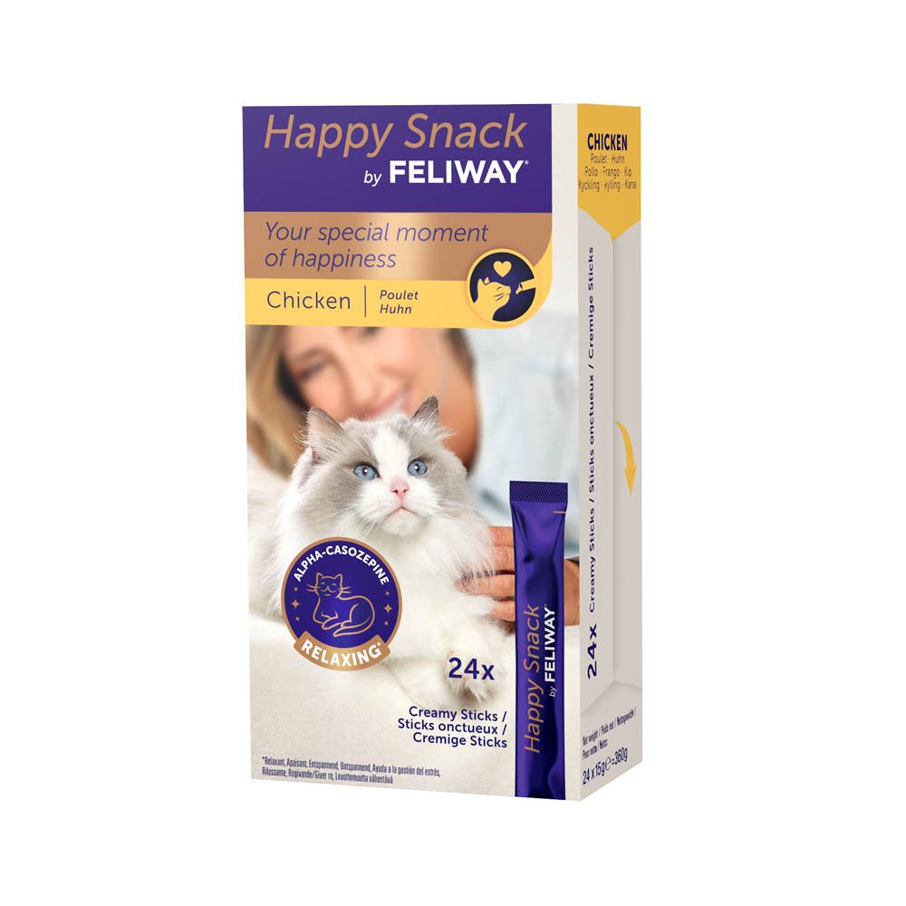Boîte Happy Snack by Feliway. Contient 24 sticks crémeux au poulet. Image d'un chat et nom du produit.