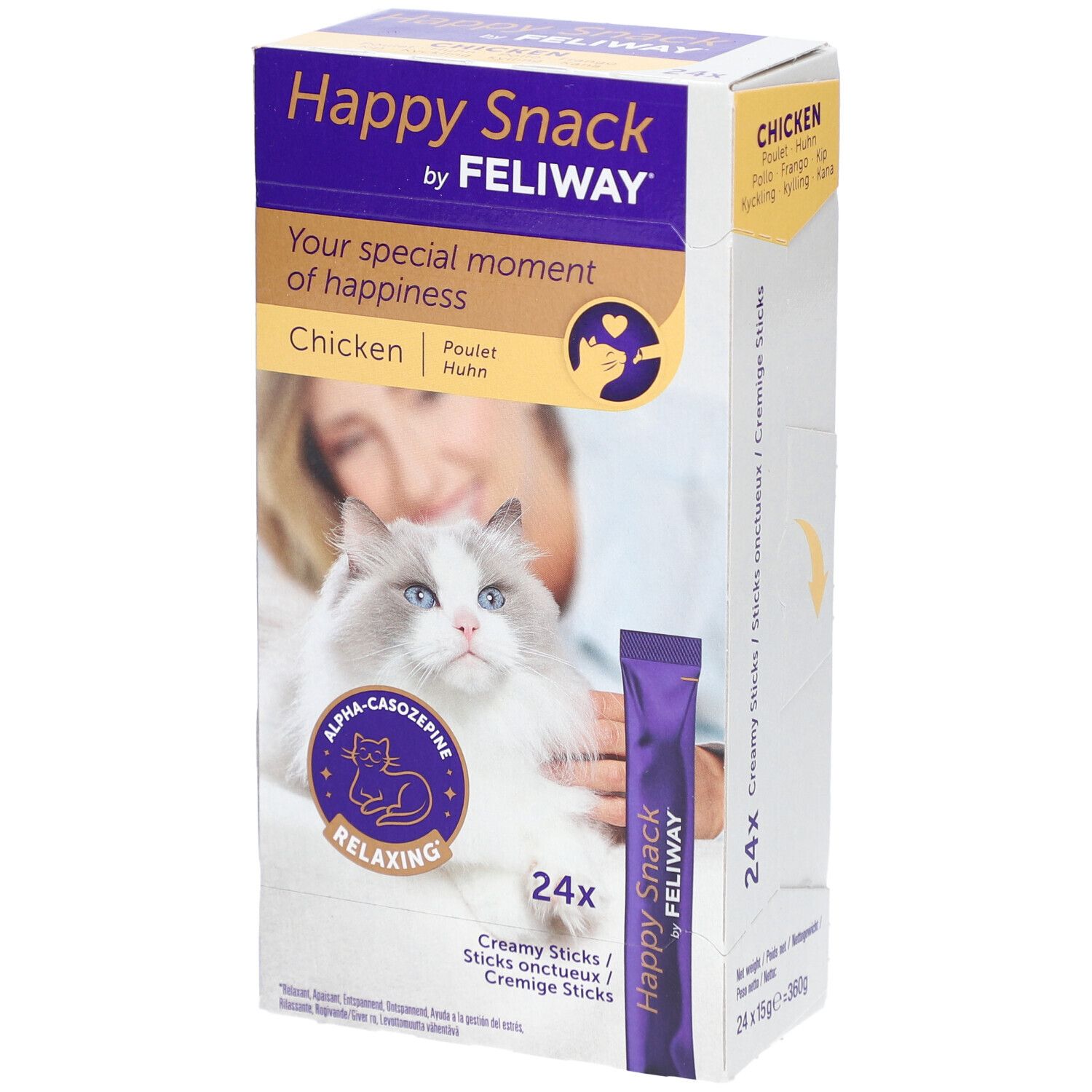 Boîte de Happy Snack by Feliway. Contient 24 sticks crémeux au poulet. Image d'un chat sur l'emballage.