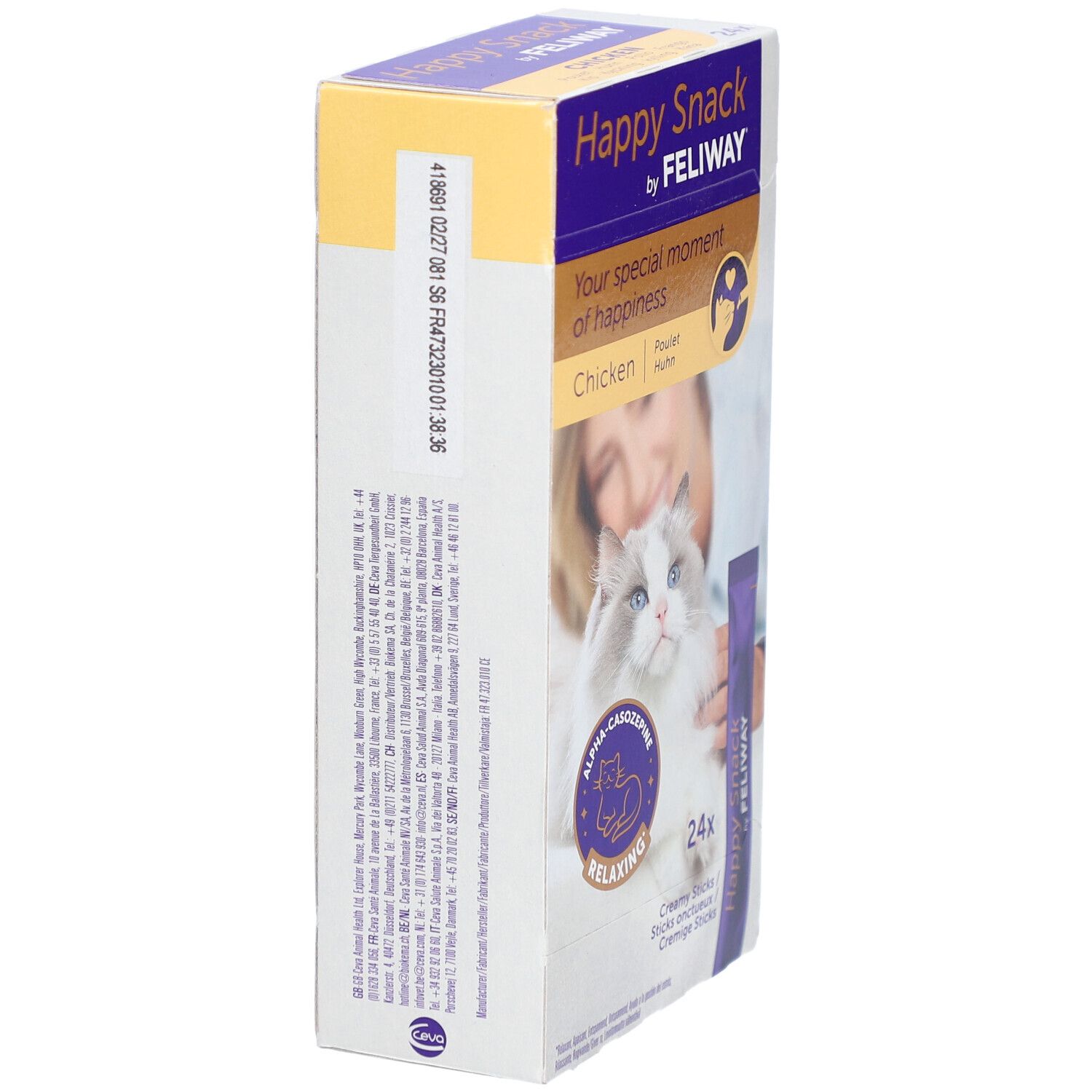 Vue latérale de la boîte Happy Snack by Feliway. Contient 24 sticks crémeux. Inscriptions avec informations produit.