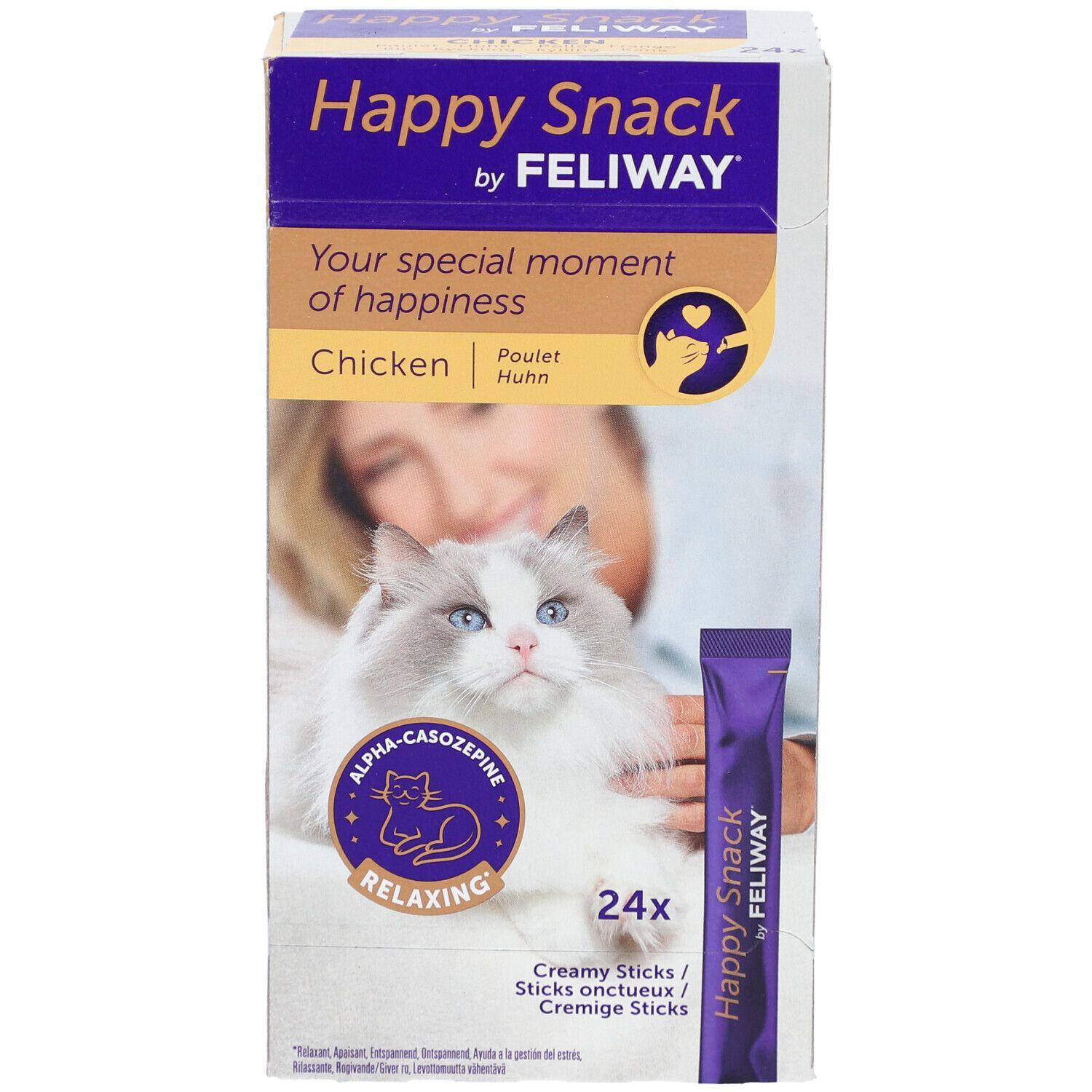 Boîte Happy Snack by Feliway. Contient 24 sticks crémeux au poulet. Image d'un chat et nom du produit.