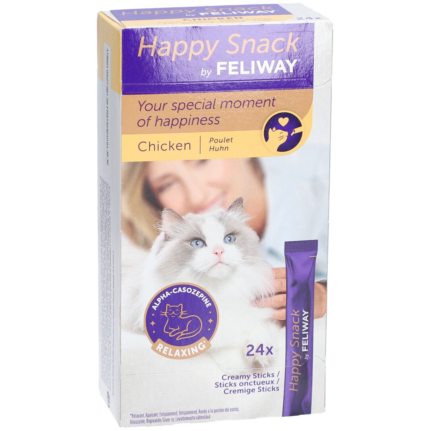 Boîte Happy Snack by Feliway. Contient 24 sticks crémeux au poulet. Image d'un chat et nom du produit.