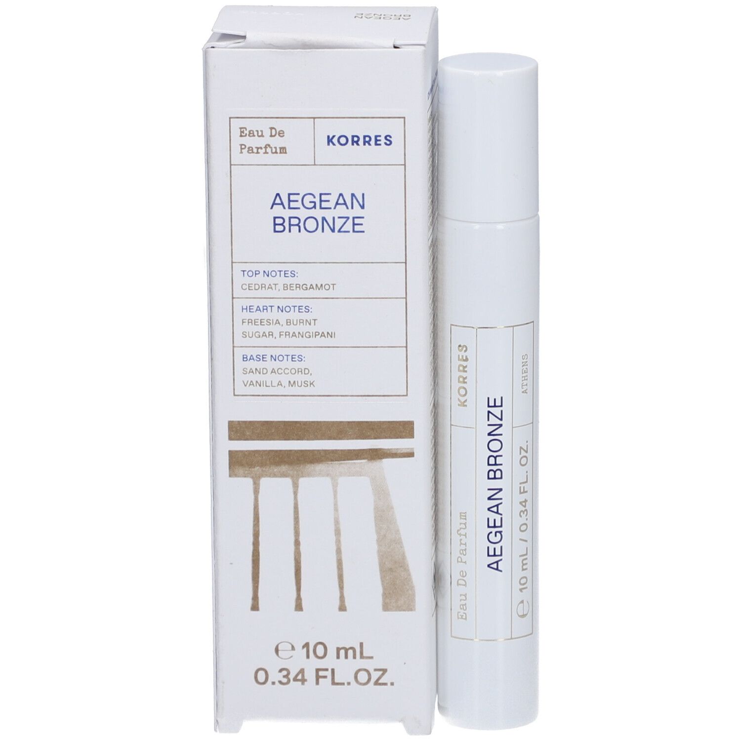 Korres Aegean Bronze Eau de Parfum Roll-On. Flakon und Verpackung. Text: Aegean Bronze, 10 ml, 0.34 FL. OZ.