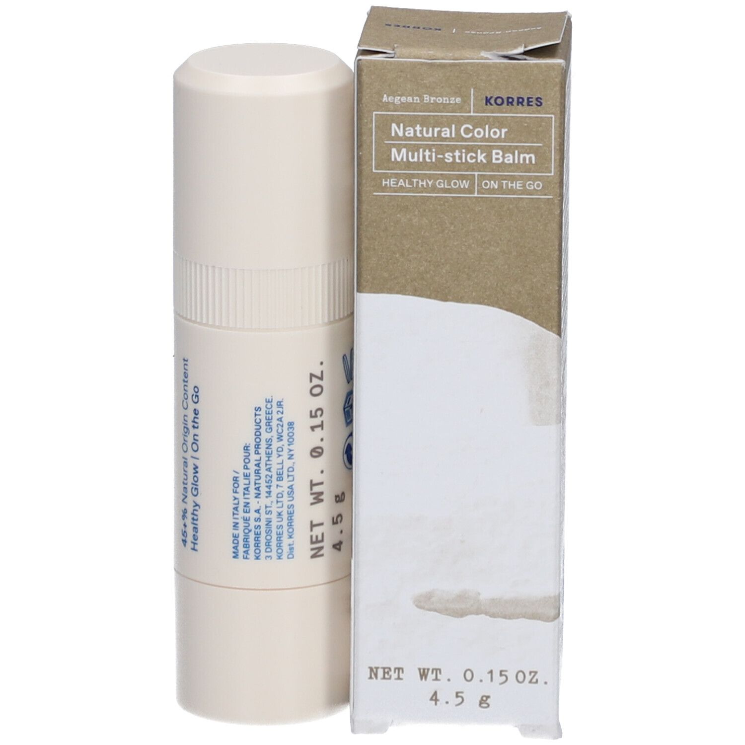 Beige Multistick-Balsam und Verpackung. Aufschrift: Natural Color Multi-stick Balm, Korres. Gewicht: 4,5 g.