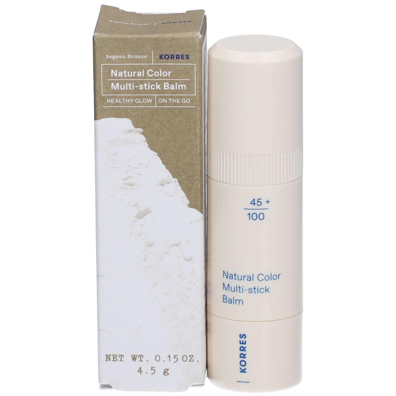 Beige Multistick-Balsam und Verpackung. Aufschrift: Natural Color Multi-stick Balm, Korres. Gewicht: 4,5 g.
