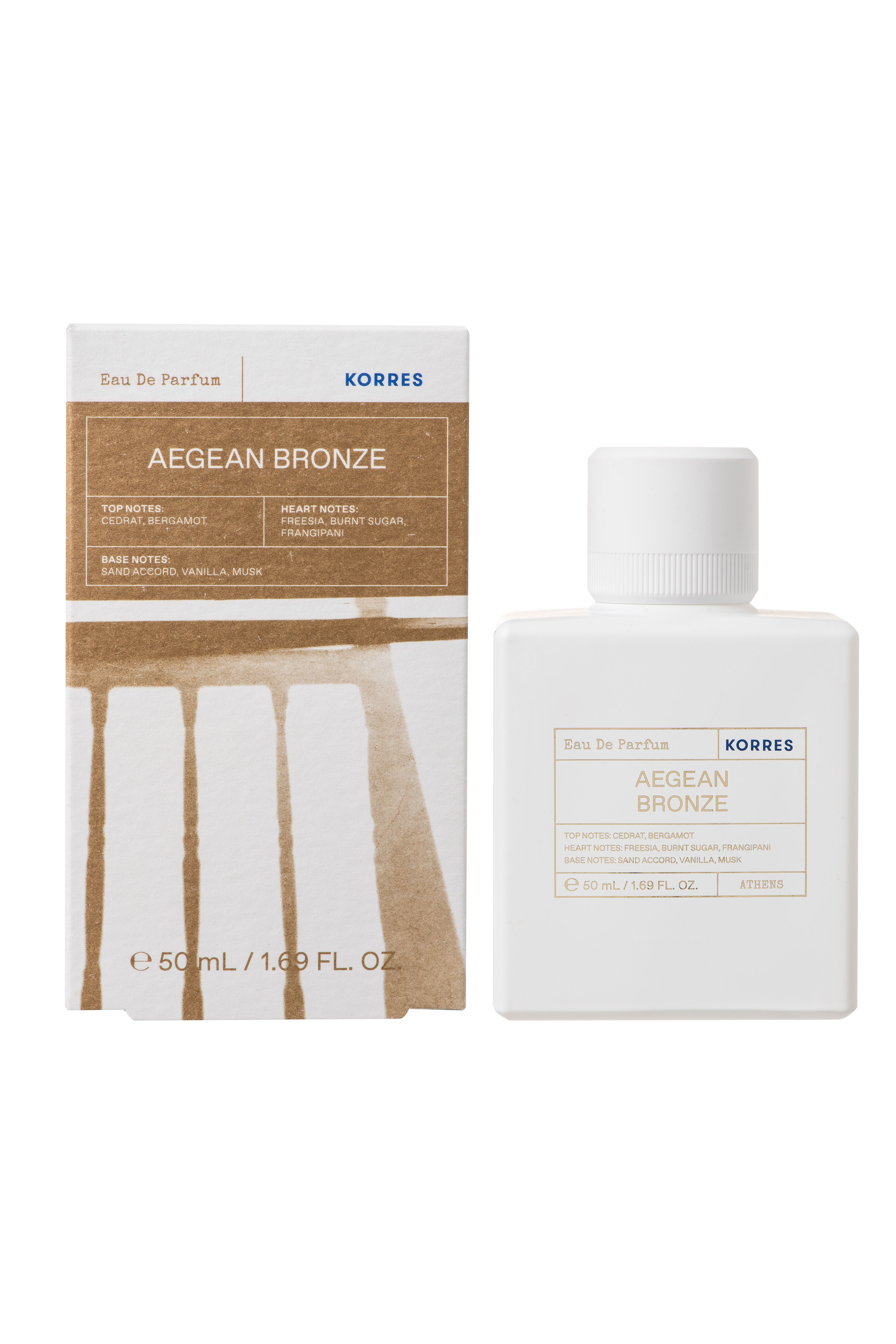Korres Aegean Bronze Eau de Parfum. Flacon et boîte. Flacon blanc, boîte marron. 50 ml/1.69 fl. oz.
