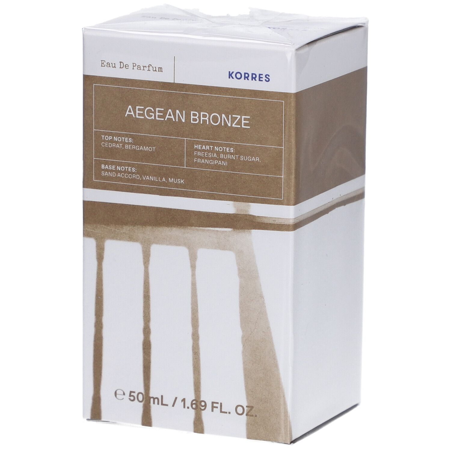 Korres Aegean Bronze Eau de Parfum. Verpackung mit Produktinformationen. Braune und weiße Farbgebung. 50 ml/1.69 fl. oz.