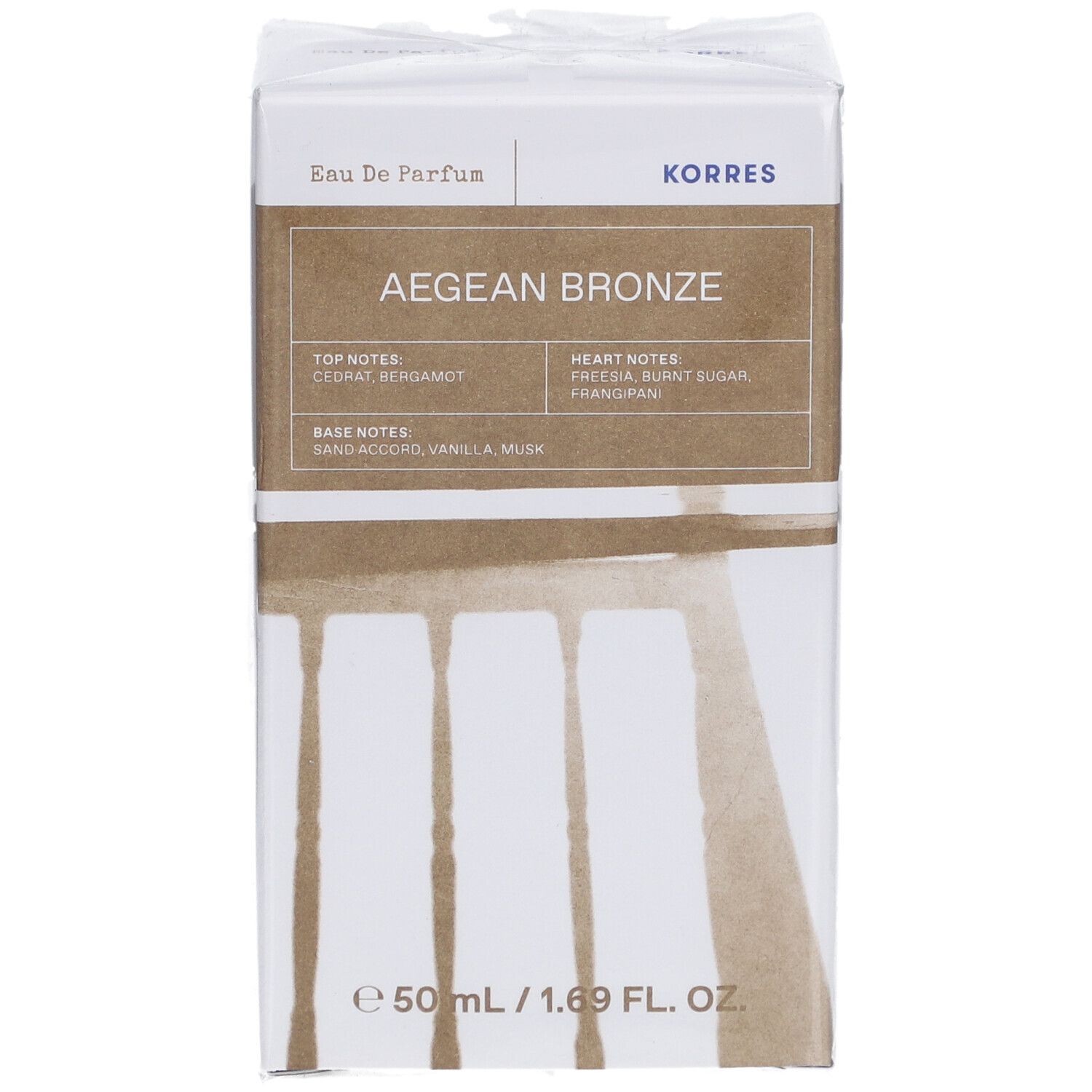 Korres Aegean Bronze Eau de Parfum. Verpackung, Vorderansicht. Produktname und Duftnoten. 50 ml/1.69 fl. oz.