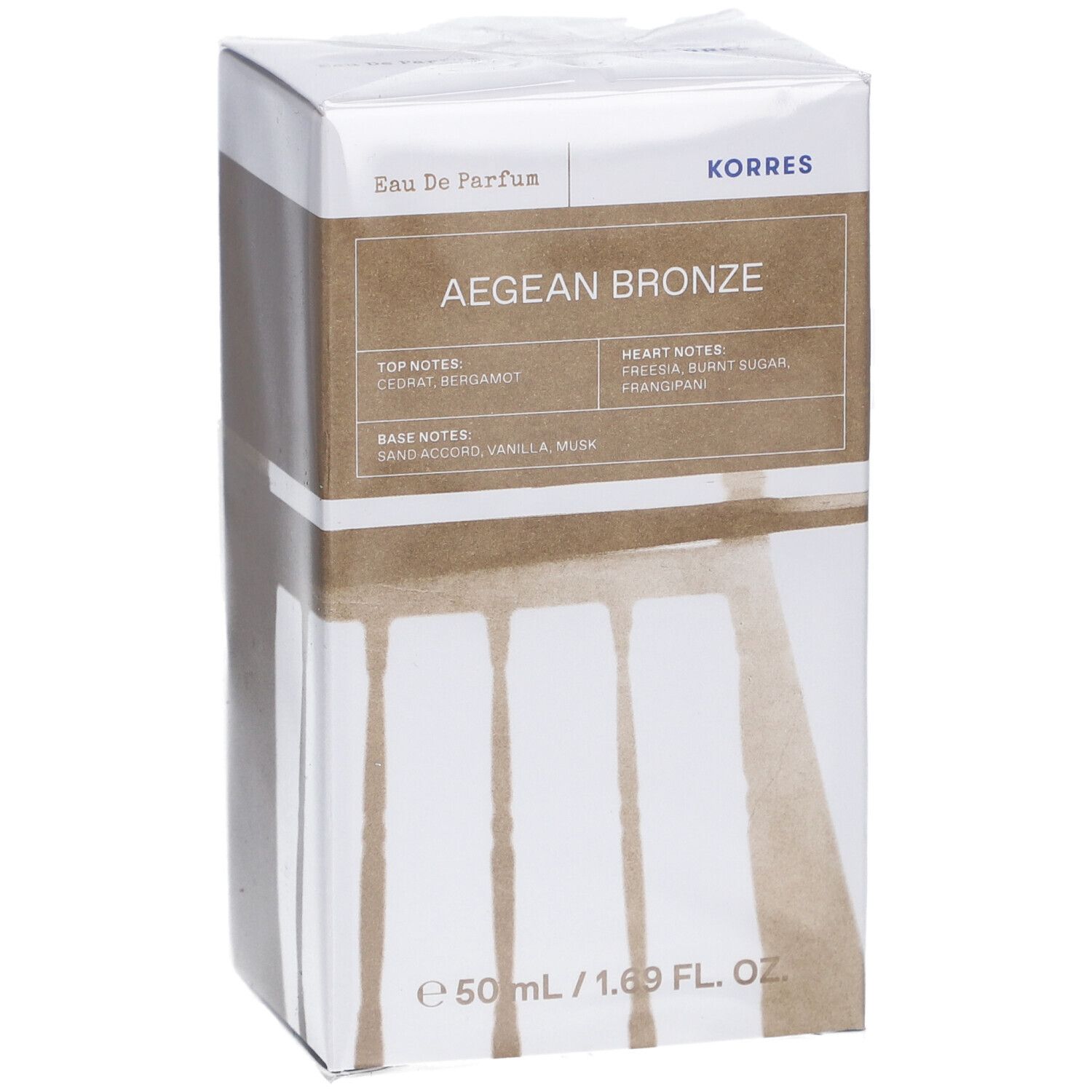 Korres Aegean Bronze Eau de Parfum. Verpackung, schräge Ansicht. Produktname und Duftnoten. 50 ml/1.69 fl. oz.