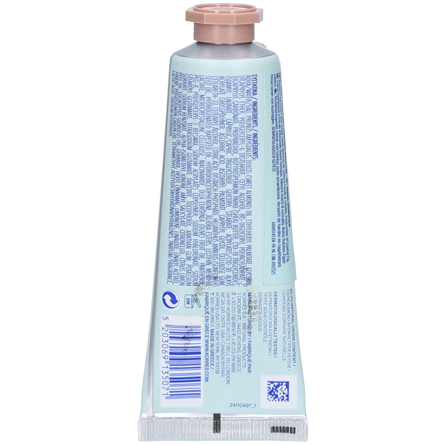 Rückseite der Tube. Text in mehreren Sprachen. Barcode und Logo. Hellgrüner Hintergrund.