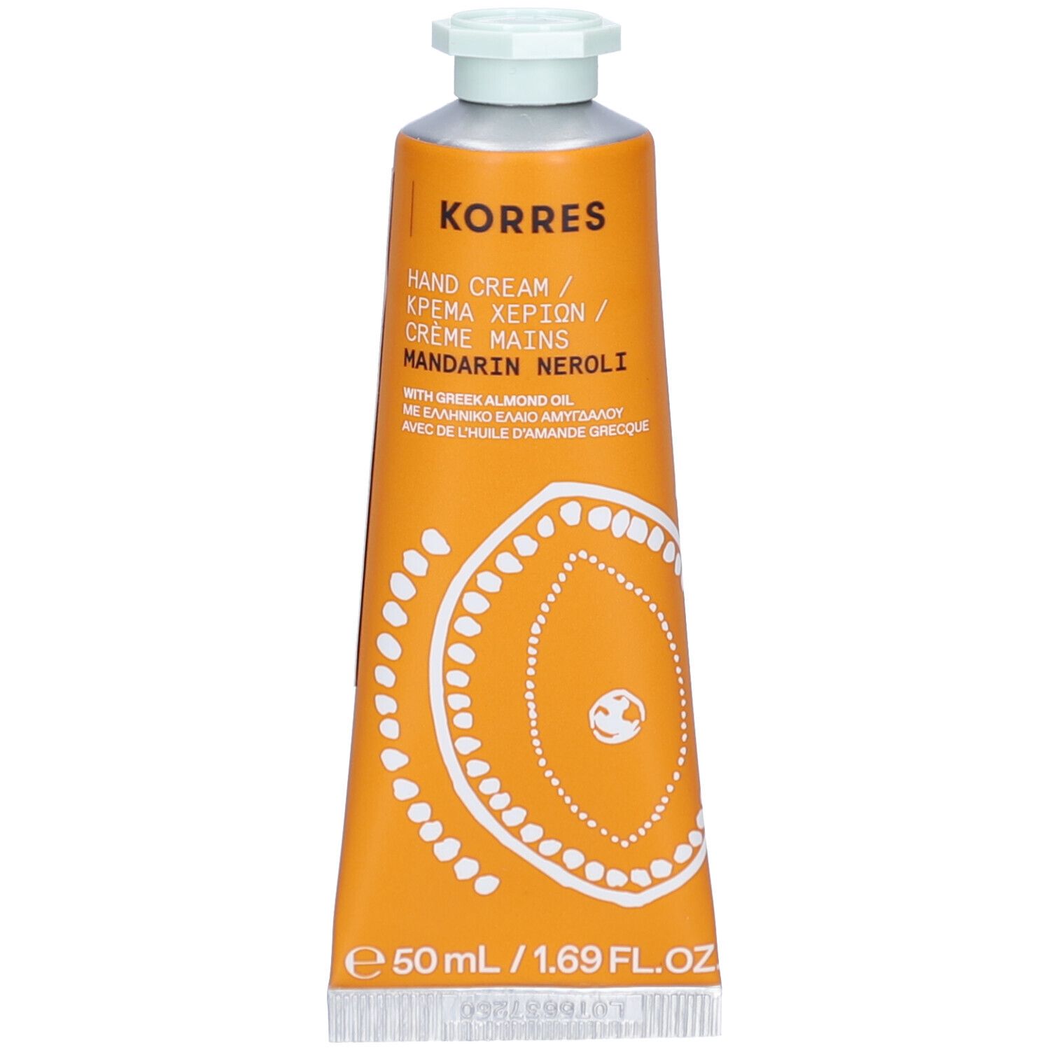 Orange Tube mit weißem Deckel. Aufschrift: Korres Hand Cream Mandarin Neroli. Weiße, kreisförmige Verzierung.