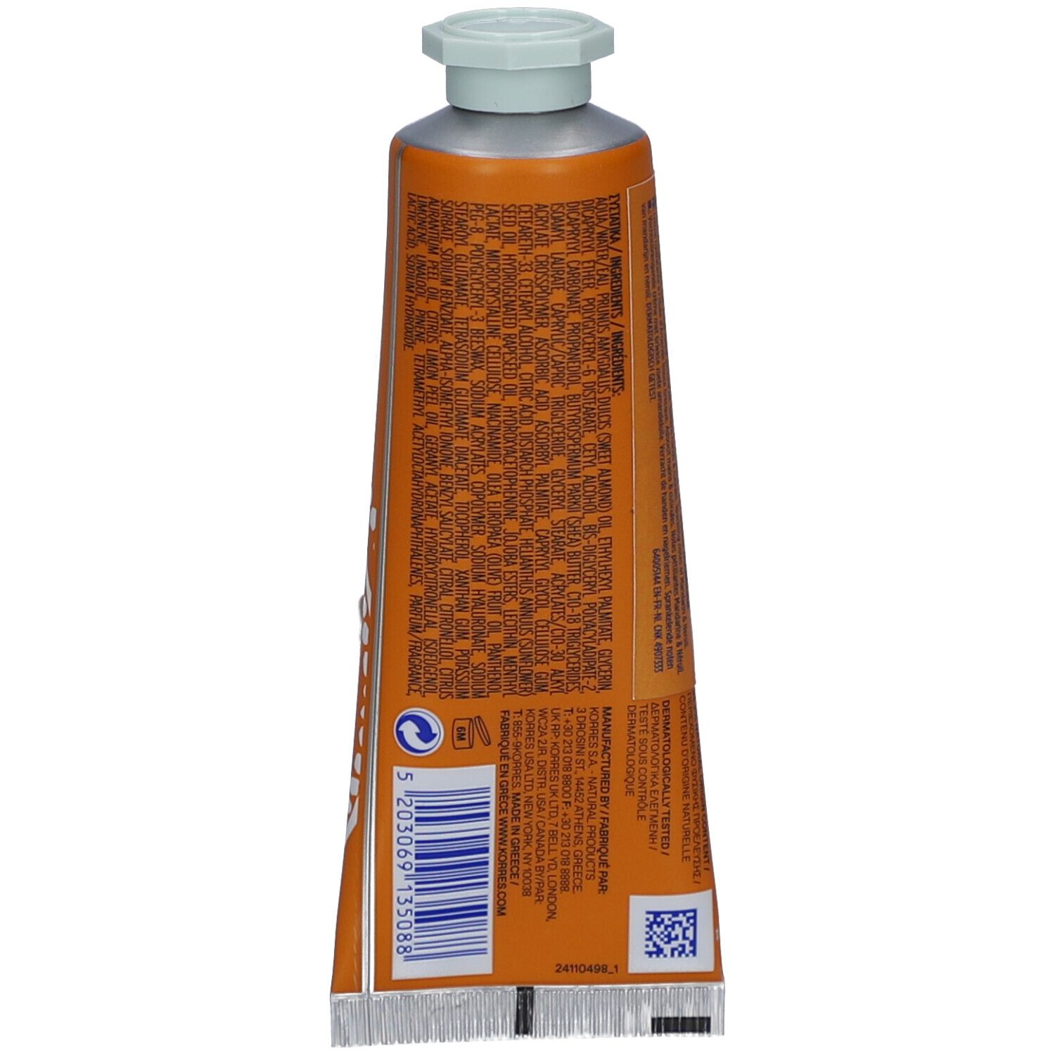 Rückseite einer orangefarbenen Tube. Text in mehreren Sprachen. Barcode und QR-Code.