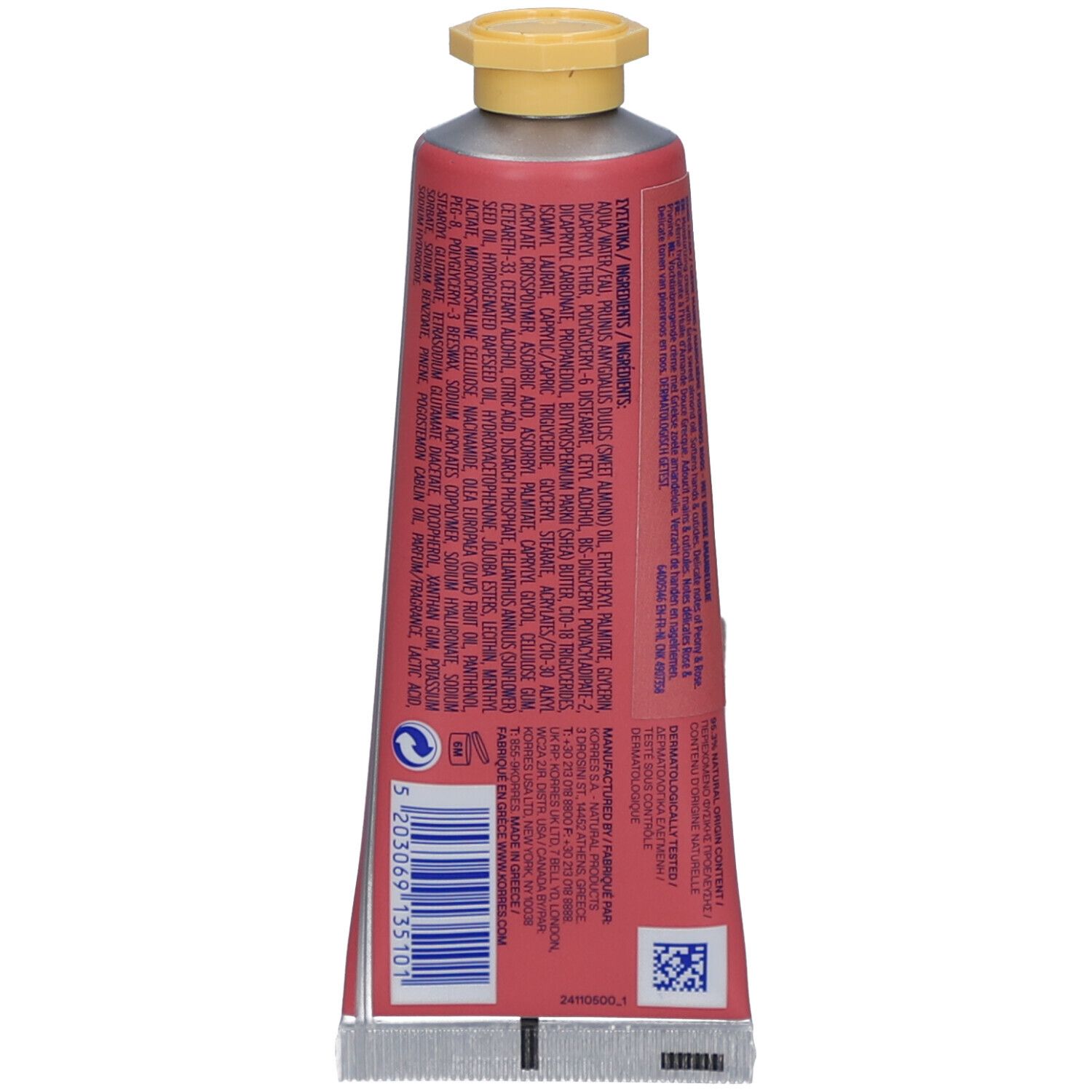 Rückseite der rosa Tube. Text mit Inhaltsstoffen und Herstellerinformationen. Barcode und andere Symbole.
