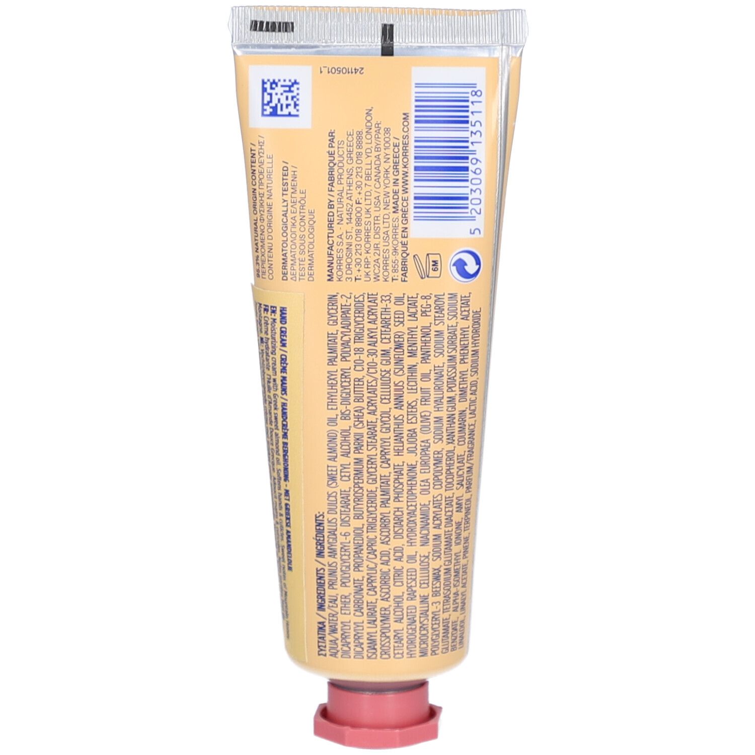 Rückseite der Tube. Text mit Inhaltsstoffen und Herstellerinformationen. Barcode und andere Kennzeichnungen.