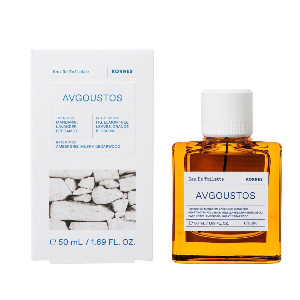 KORRES Eau de Toilette Avgoustos fles en verpakking. Fles: vierkant, bruin. Verpakking: wit, tekst.