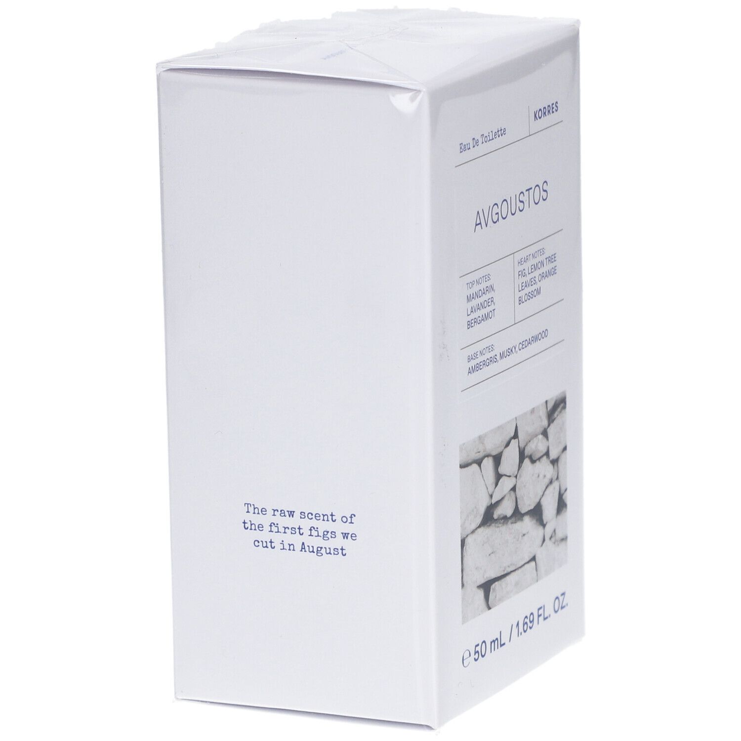 Boîte blanche avec texte. Texte: Eau de Toilette, KORRES, Avgoustos, notes de parfum, motif mur en pierre, 50 ml, citation.