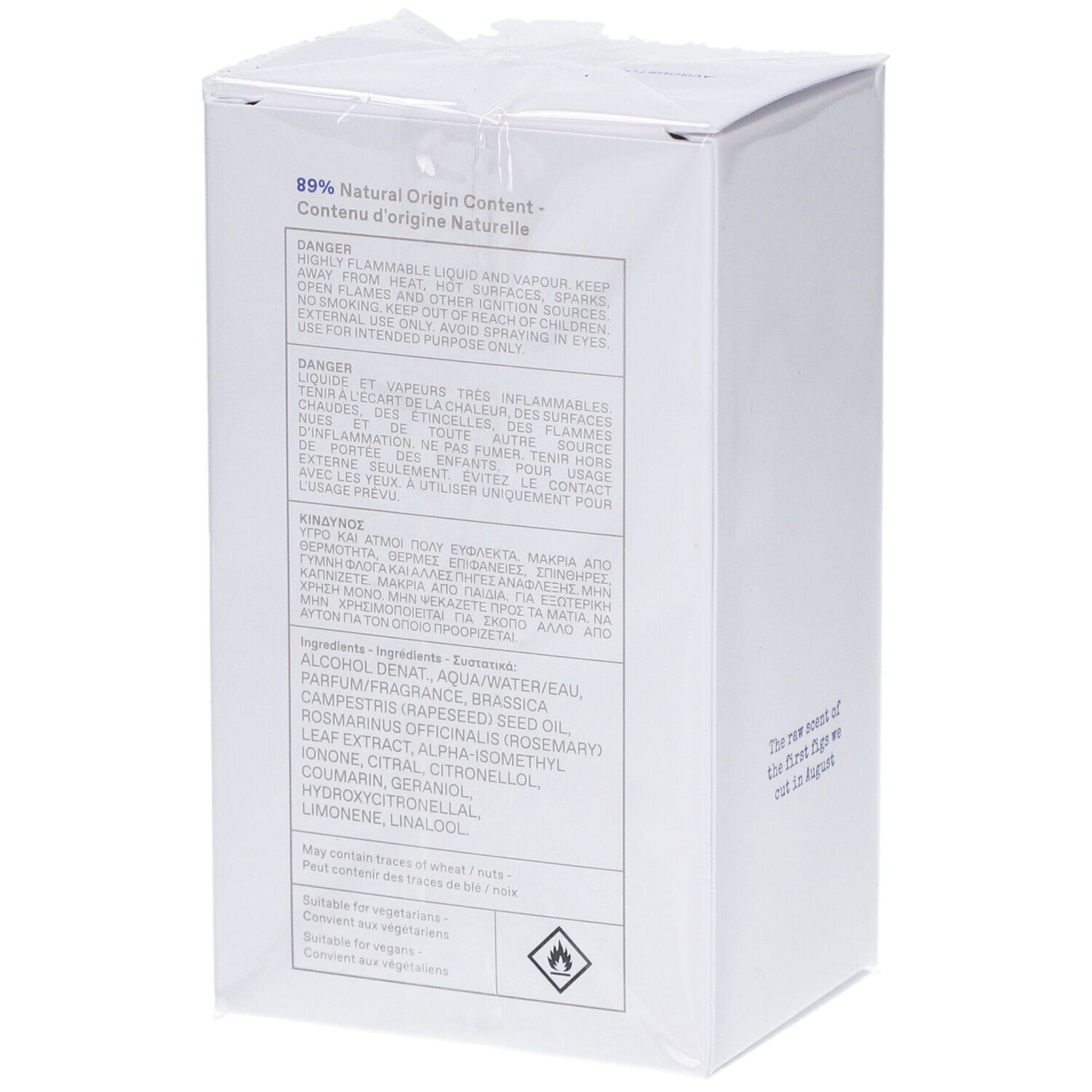 Boîte blanche avec texte et avertissements. Texte: Eau de Toilette, KORRES, Avgoustos, notes de parfum, 50 ml, avertissements.