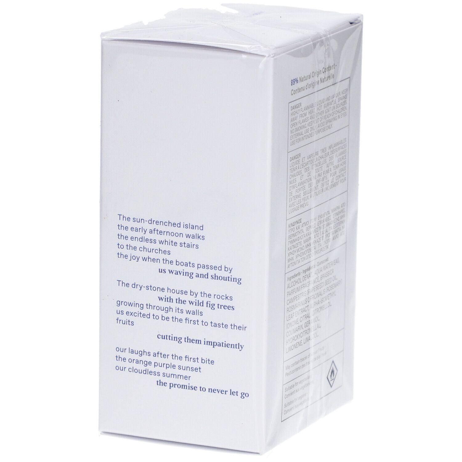 Boîte blanche avec texte. Texte: Eau de Toilette, KORRES, Avgoustos, notes de parfum, 50 ml, citation, poème.
