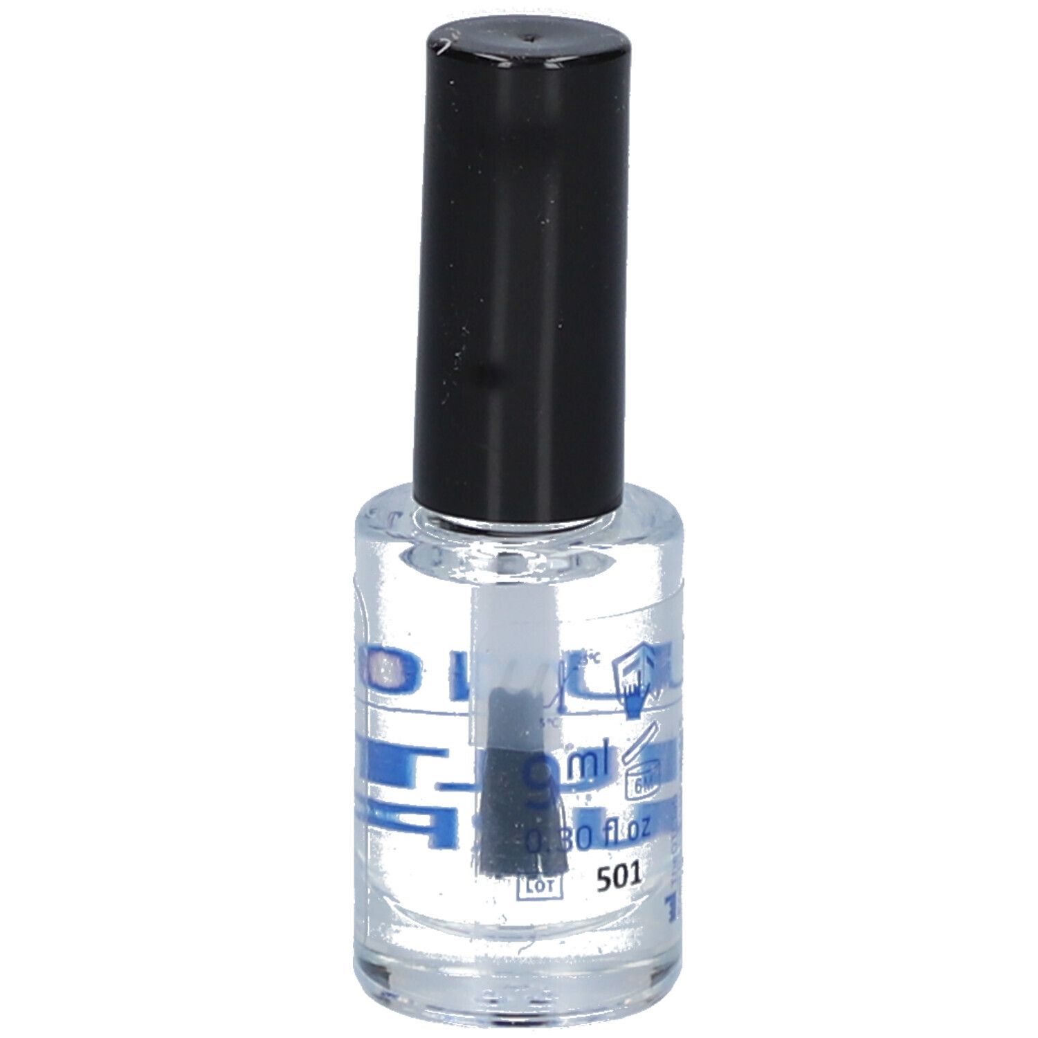 Klarer Behälter mit schwarzem Deckel und Pinsel. Enthält Flüssigkeit. Aufschrift: 9 ml, 0.30 fl oz.