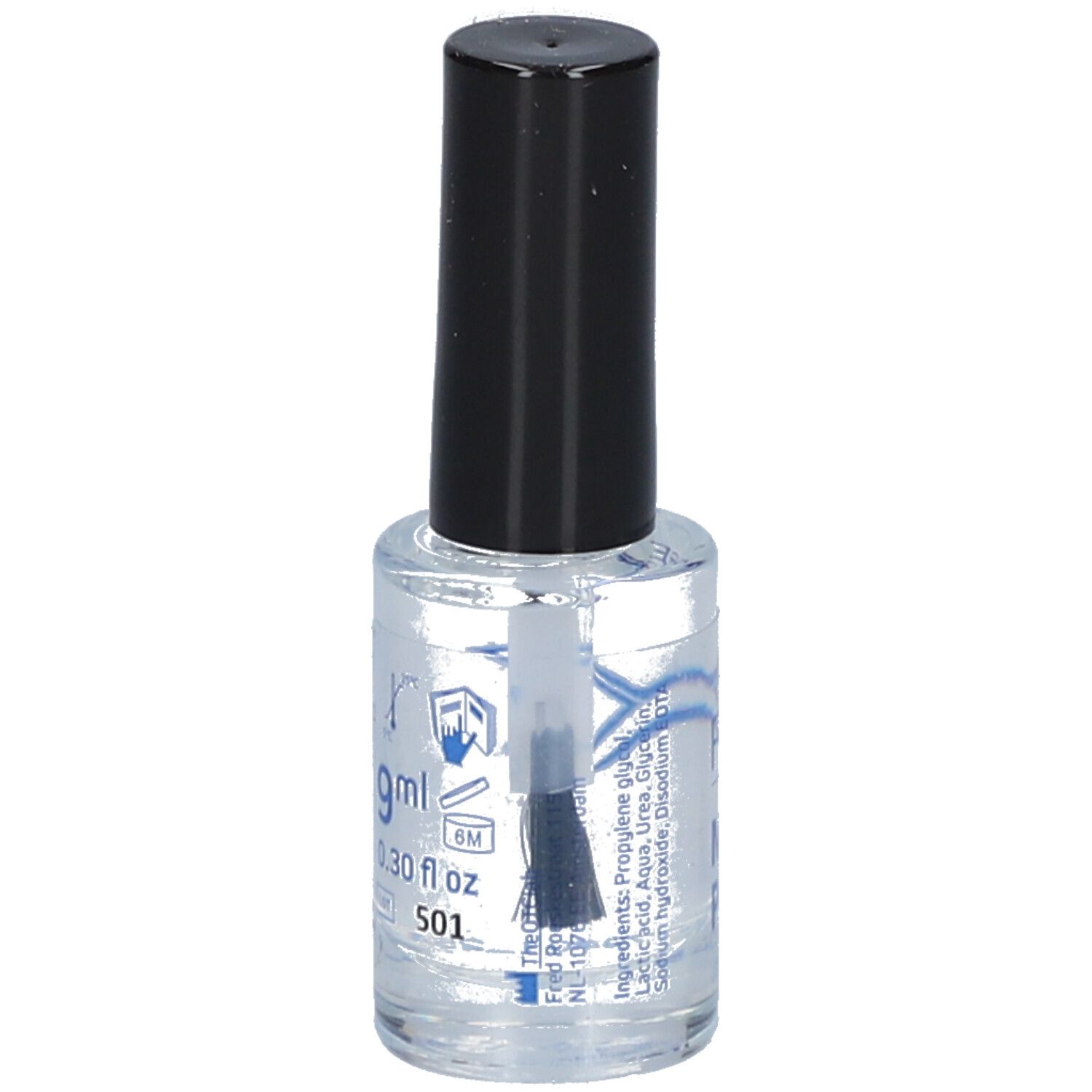 Klarer Behälter mit schwarzem Deckel und Pinsel. Enthält Flüssigkeit. Aufschrift: 9 ml, 0.30 fl oz.