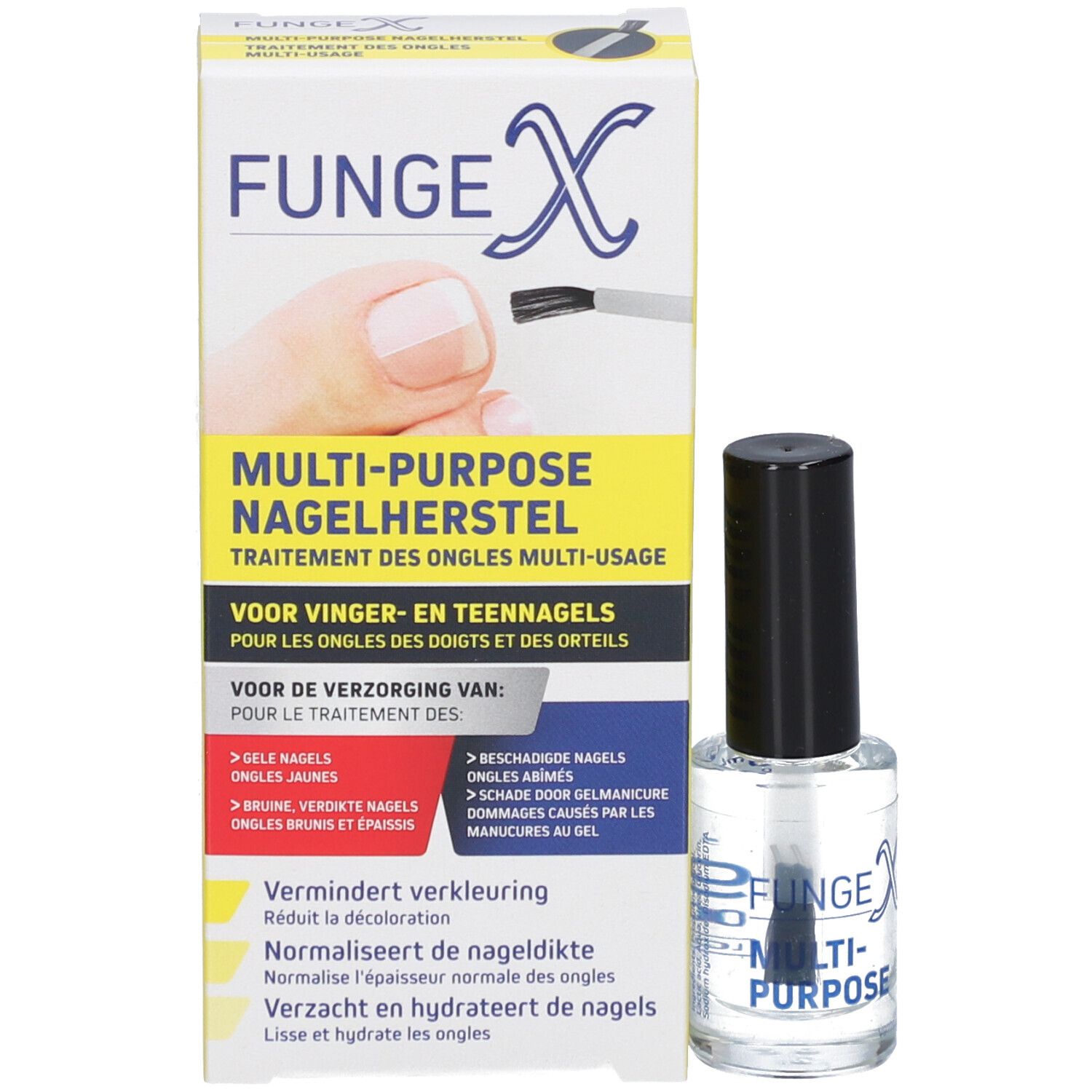 Produktverpackung mit Produkt und Pinsel. Aufschrift: Fungex Multi-Purpose Nagelherstel. Enthält Informationen.