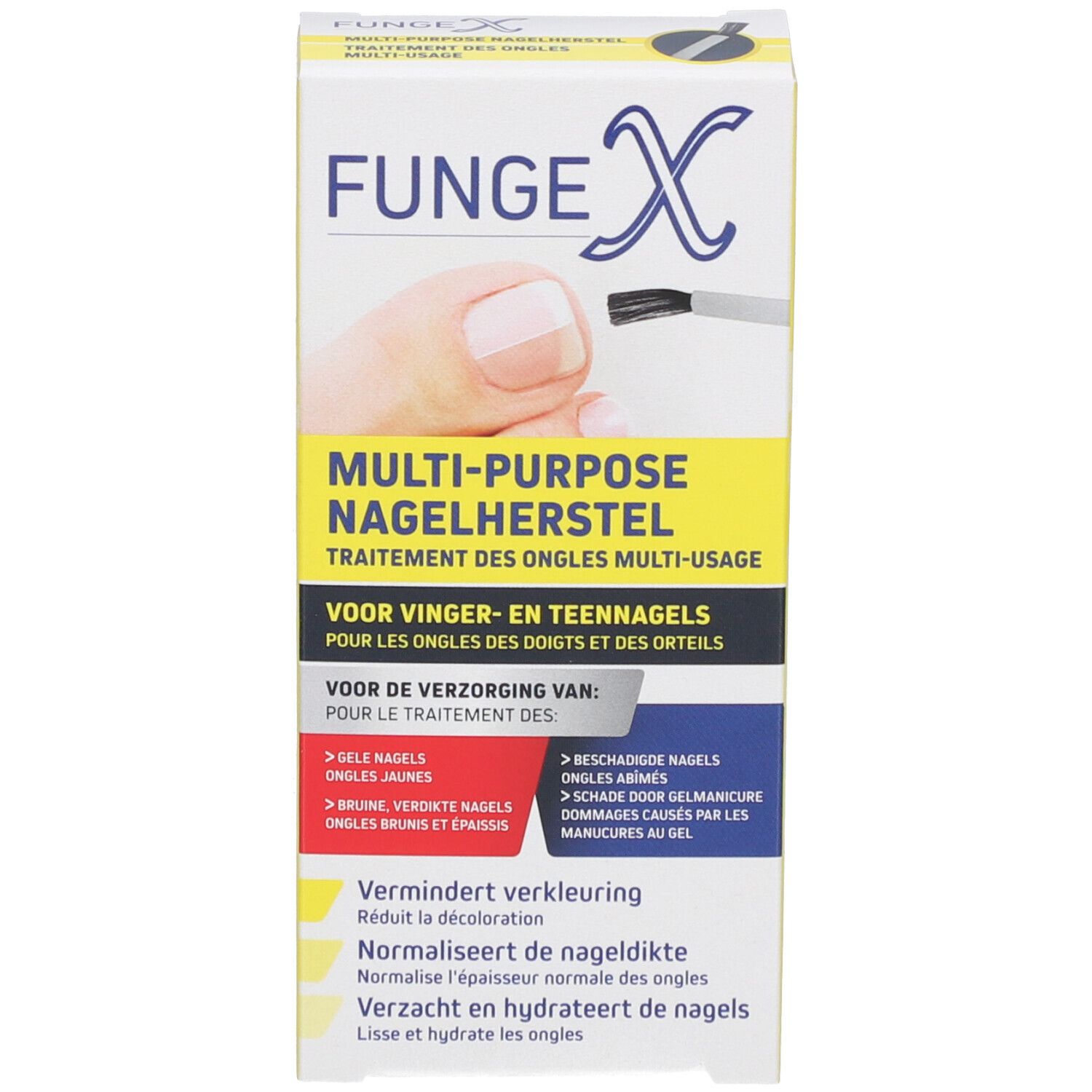 Produktverpackung mit Produkt und Pinsel. Aufschrift: Fungex Multi-Purpose Nagelherstel. Enthält Informationen.