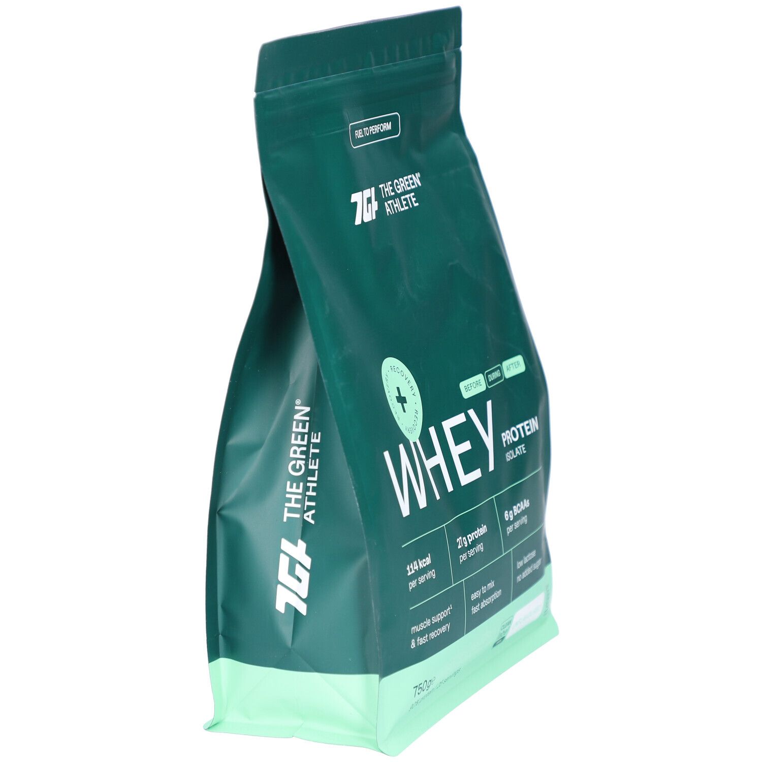 Grüner Beutel mit Whey Protein Isolat. Marke: The Green Athlete. Enthält 27g Protein pro Portion. 750g.