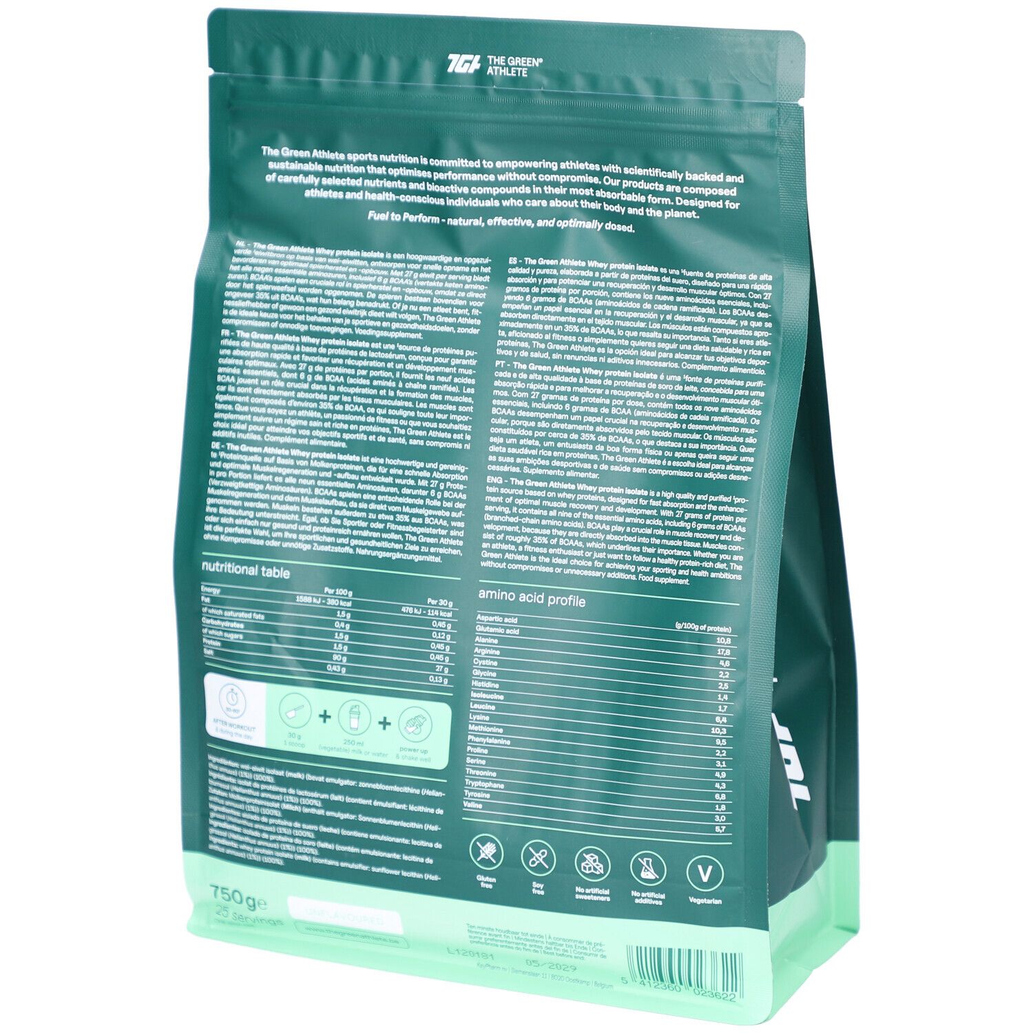 Rückseite eines grünen Beutels mit Whey Protein Isolat. Text mit Nährwertangaben und Aminosäureprofil. 750g.
