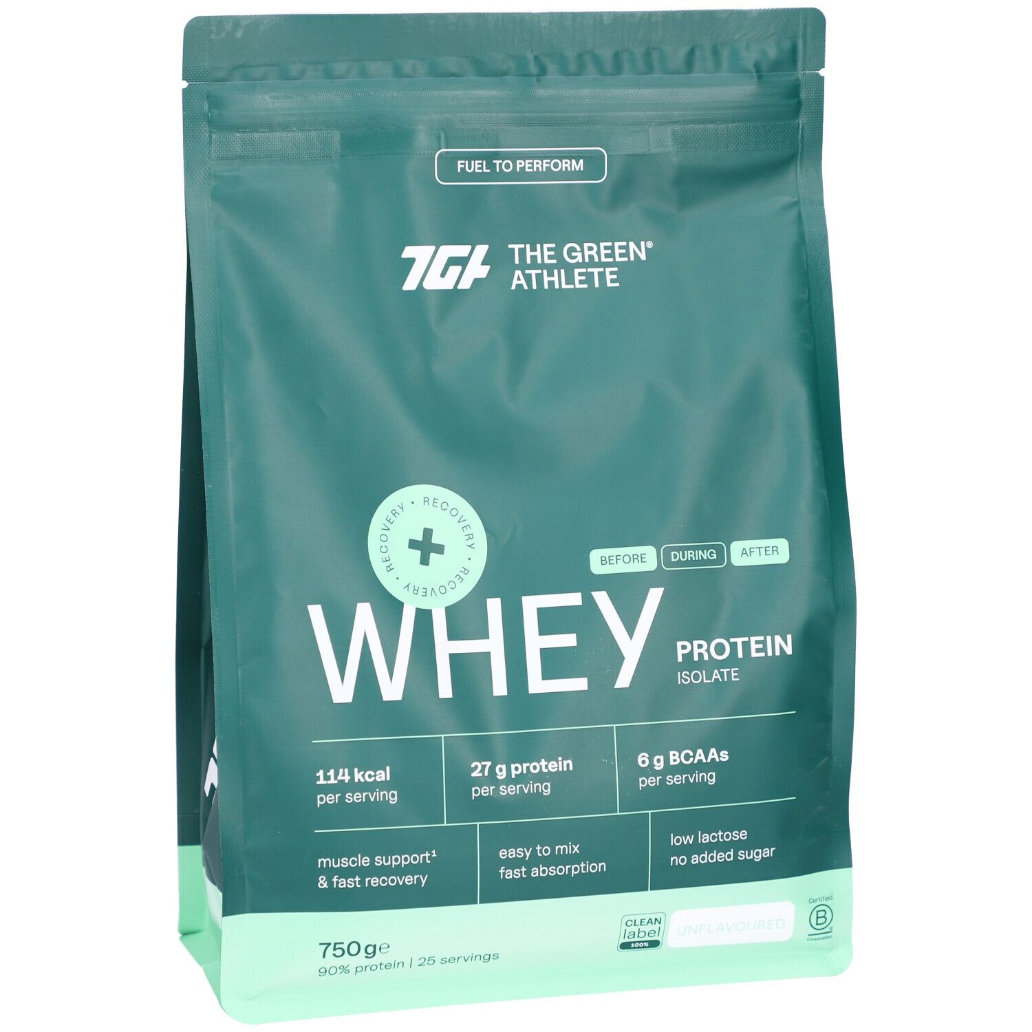 Grüner Beutel mit Whey Protein Isolat. Marke: The Green Athlete. Enthält 27g Protein pro Portion. 750g.